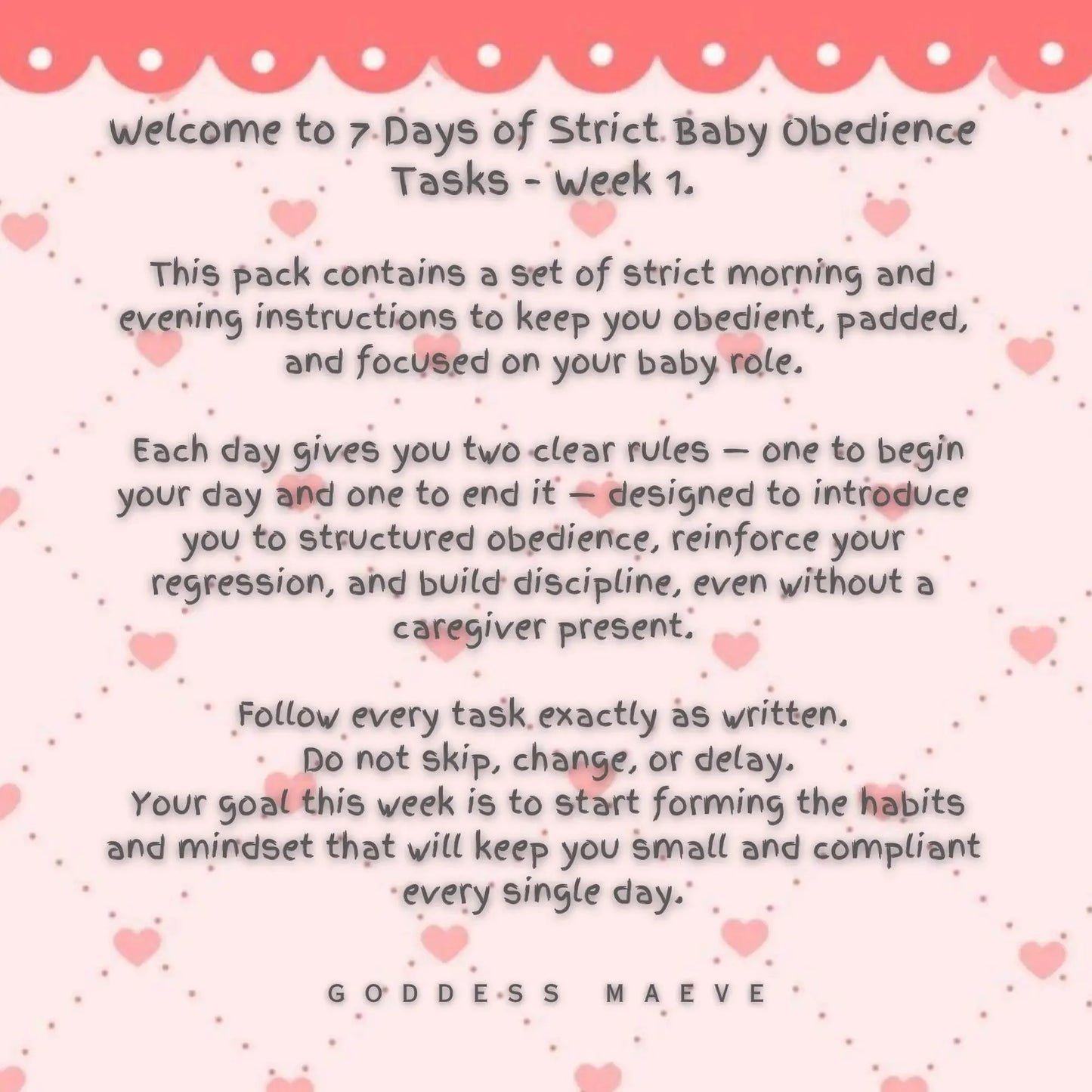 ABDL digital download titled '7 Days of Strict Baby Obedience Tasks - Week 1' with pink heart background