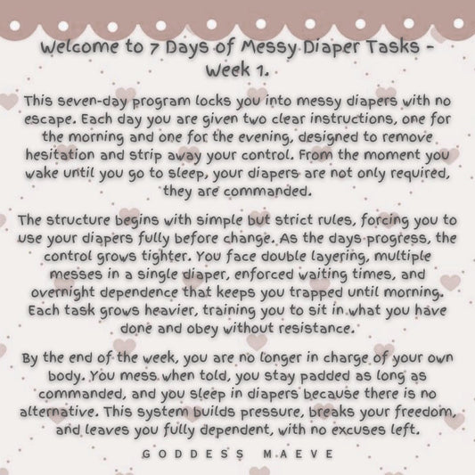 7 Days of Messy Diaper Tasks PDF Week 1 | ABDL Discipline, Submissive Training, Digital Download Task Pack
