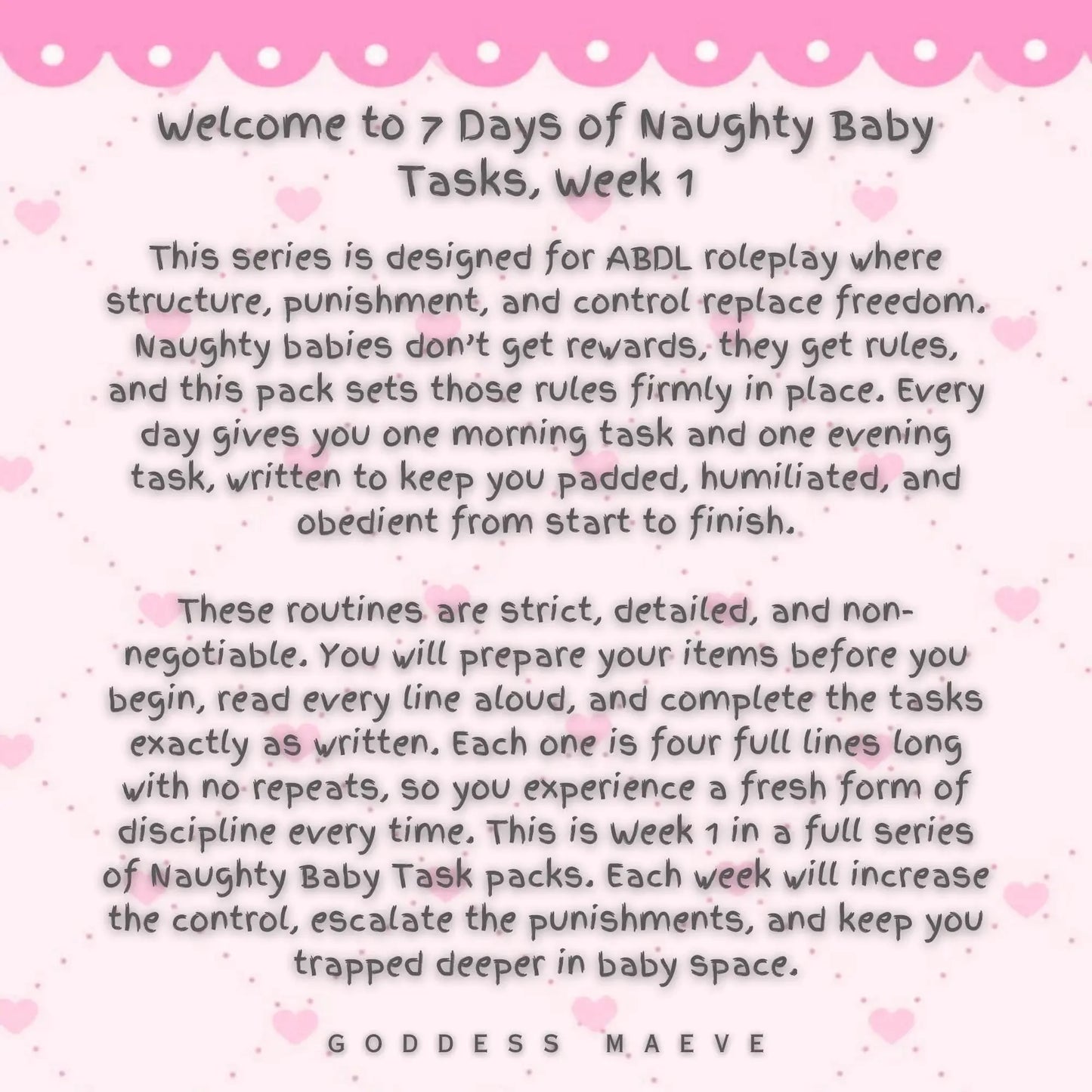 ABDL task pack info sheet on pink, white background with hearts and scalloped border