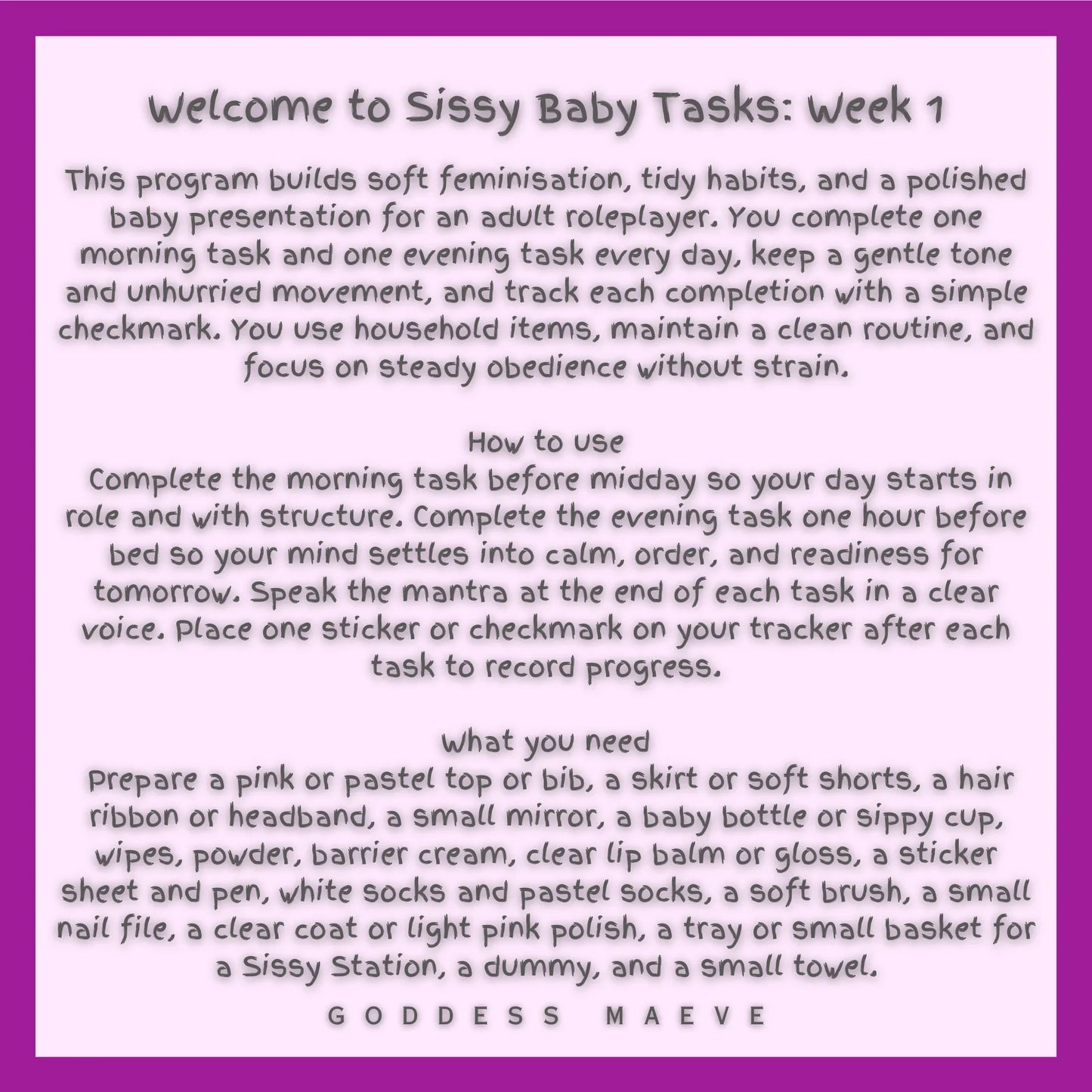 7 Days of Sissy Adult Tasks Week 1 ABDL Pack Digital Download PDF Goddess Maeve