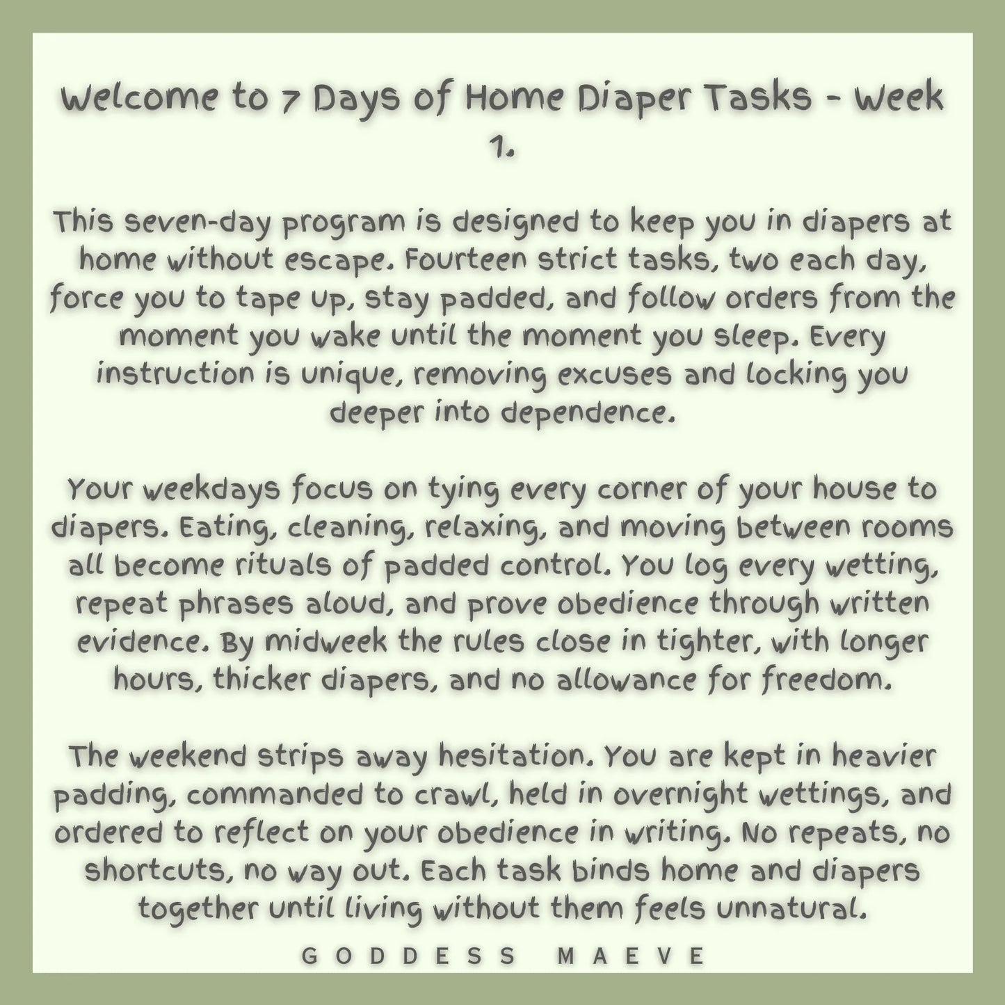 7 Days of Home Diaper Tasks Week 1 introduction text, explaining a strict ABDL home routine with daily tasks, padded control, and structured obedience for regression.