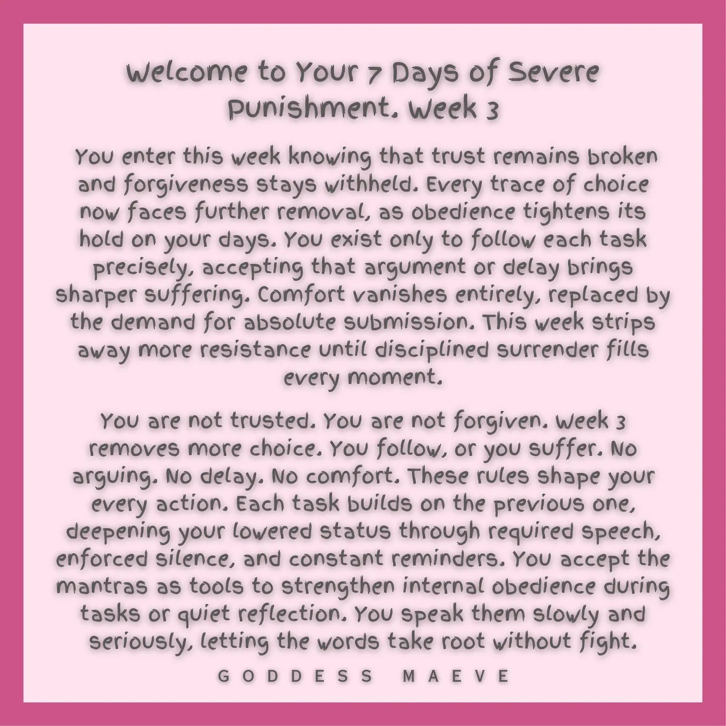 7 Days of Severe Punishment Week 3 written instructions for ABDL obedience and discipline tasks, pink border.