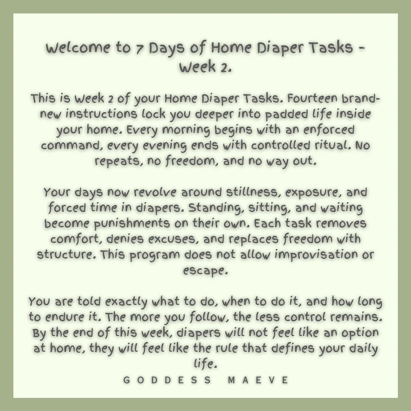 7 Days of Home Diaper Adult Tasks Week 2 ABDL Pack PDF Goddess Maeve - Goddess Maeve