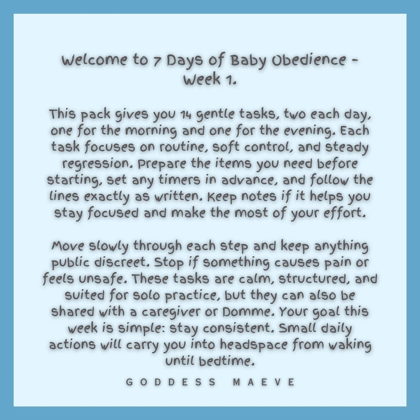 ABDL task pack summary with instructions for 7 Days of Baby Obedience, week 1, on a blue background.
