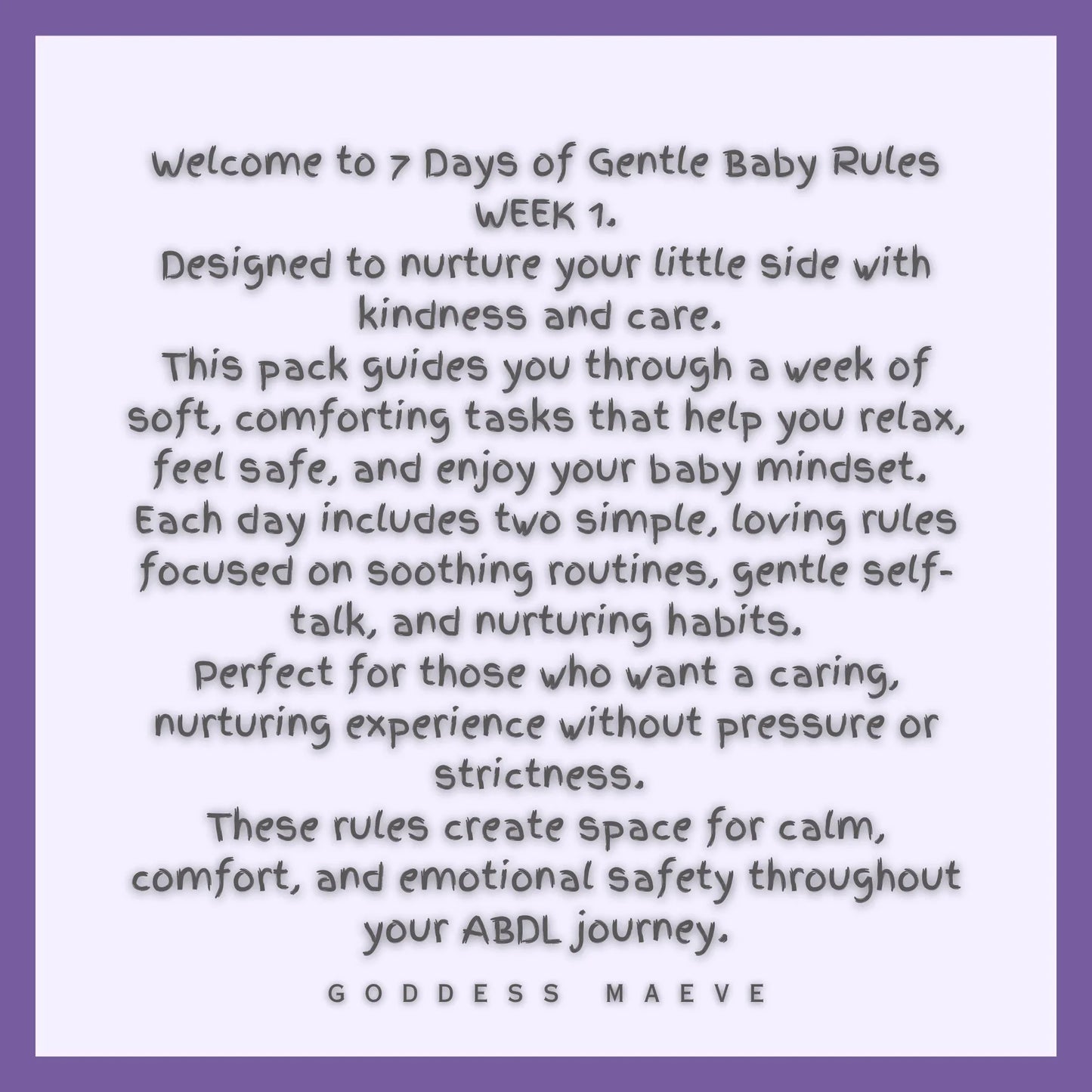 7 Days of Gentle Baby Rules Week 1 introduction text for ABDL task pack, nurturing routines, soft lavender border.