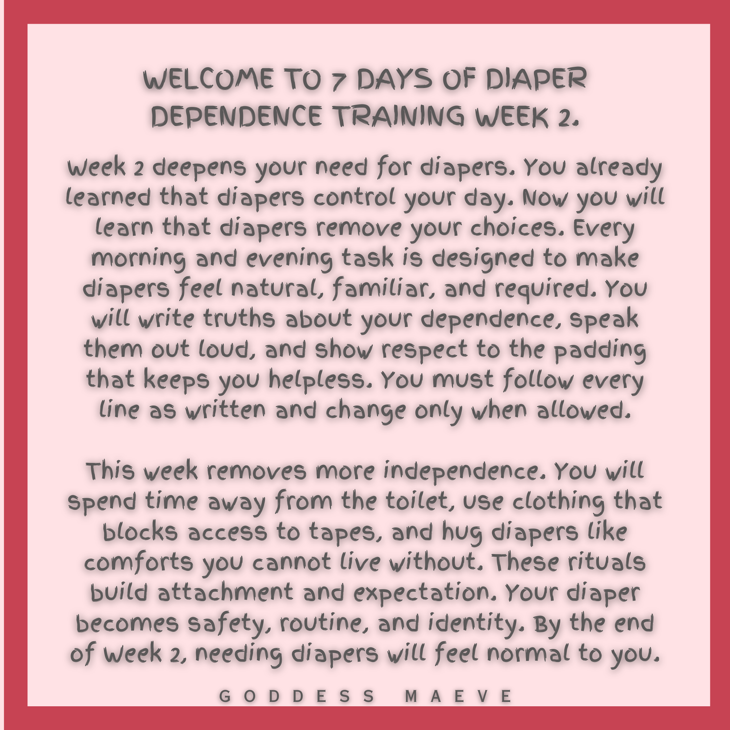 7 Days of Diaper Dependence Training Adult Tasks Week 2 ABDL Pack Digital Download PDF Goddess Maeve