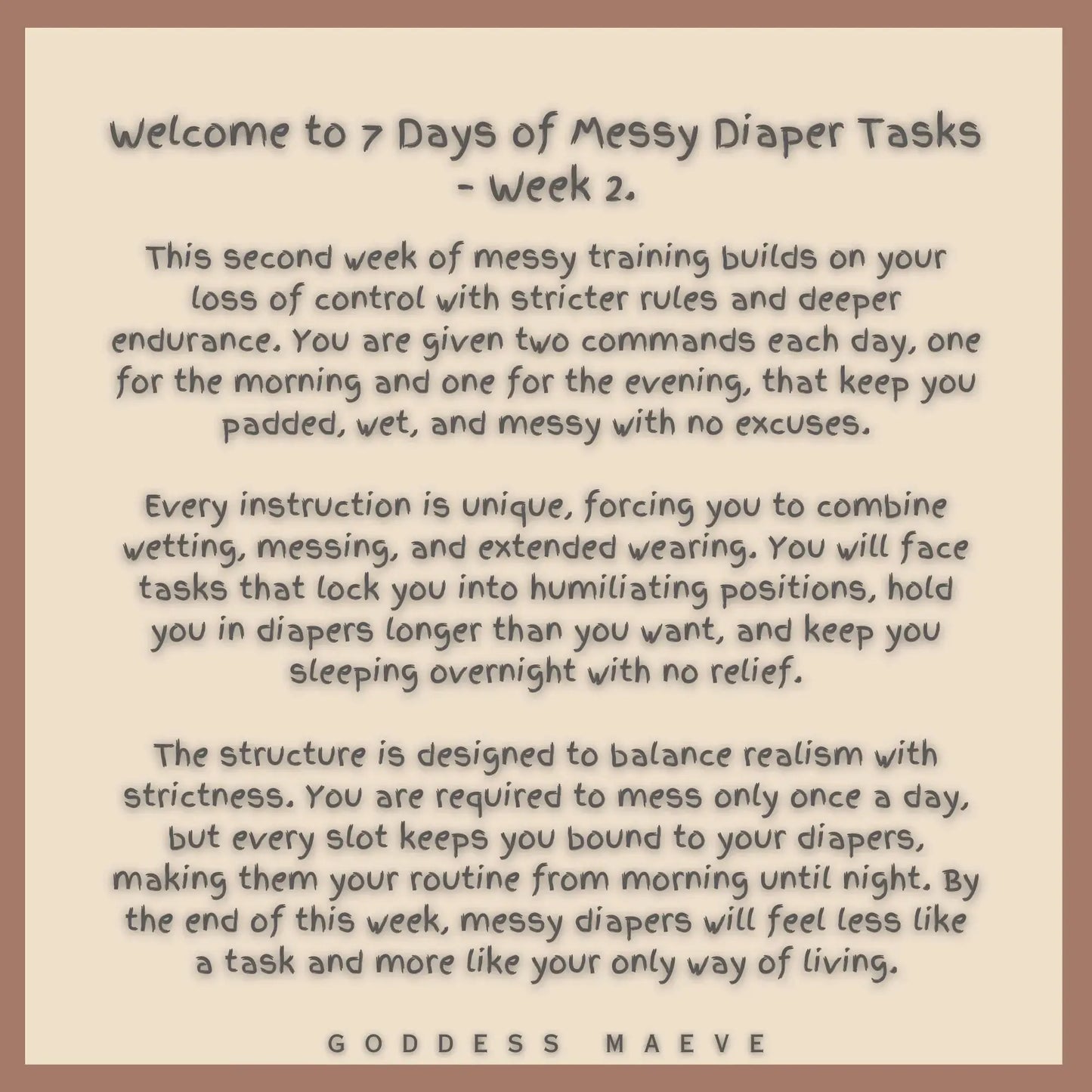 Text-based image detailing '7 Days of Messy Diaper Tasks Week 2' with instructions and rules for ABDL routines on a beige background.