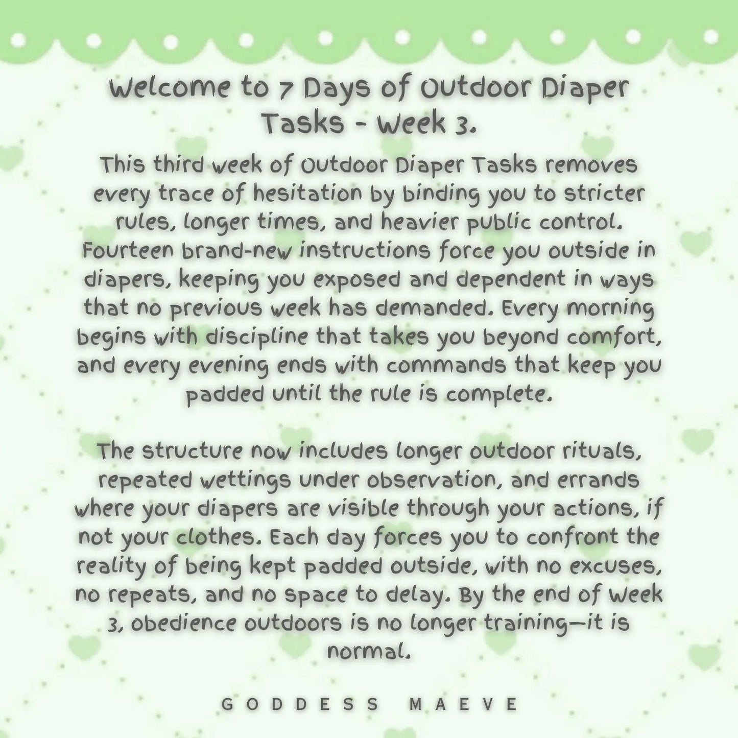 Text description for 7 Days of Outdoor Diaper Tasks Week 3 routine on green heart background.
