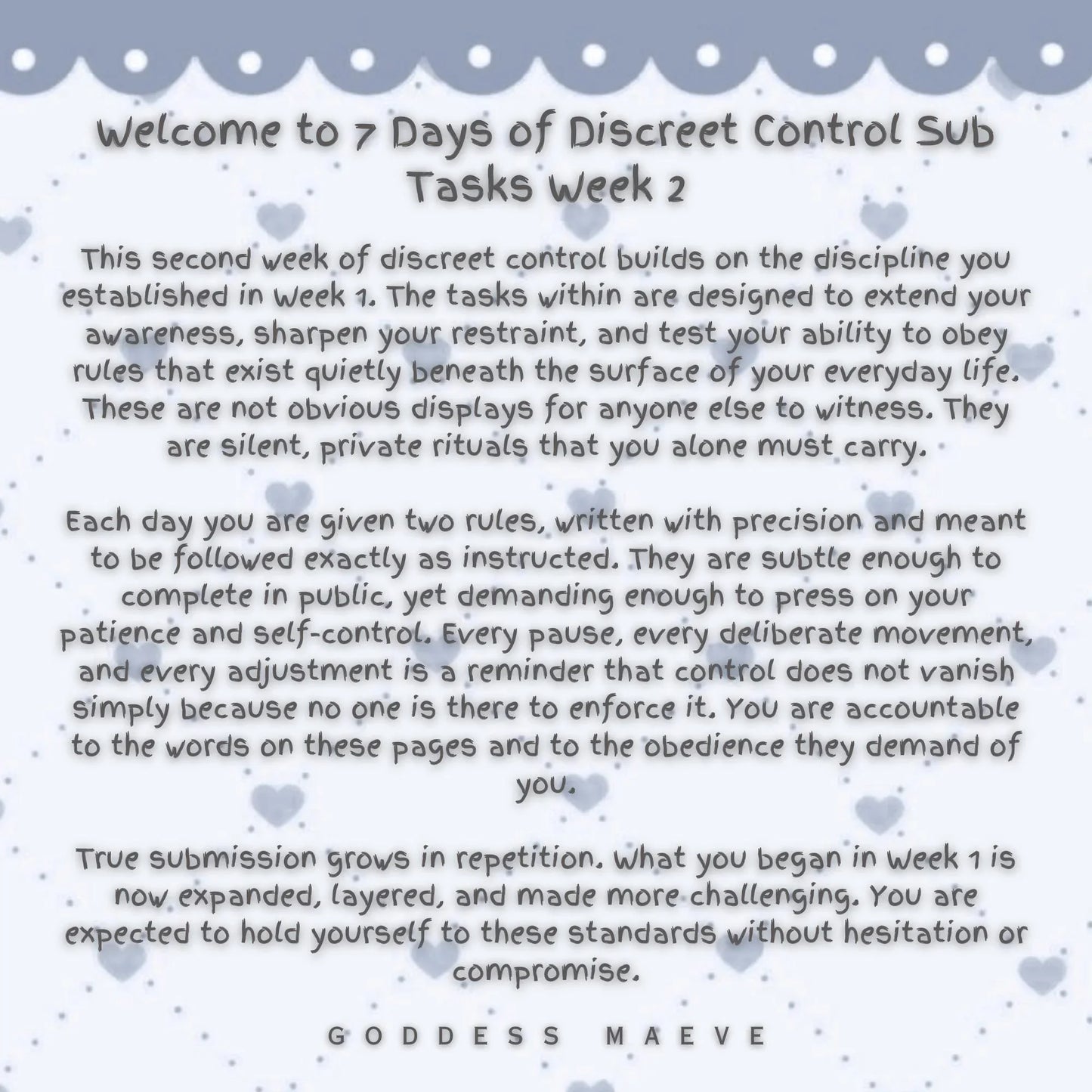 7 Days of Discreet Control Submissive Adult Training Tasks Week 2 Sub Pack PDF Digital Download Goddess Maeve - Goddess Maeve