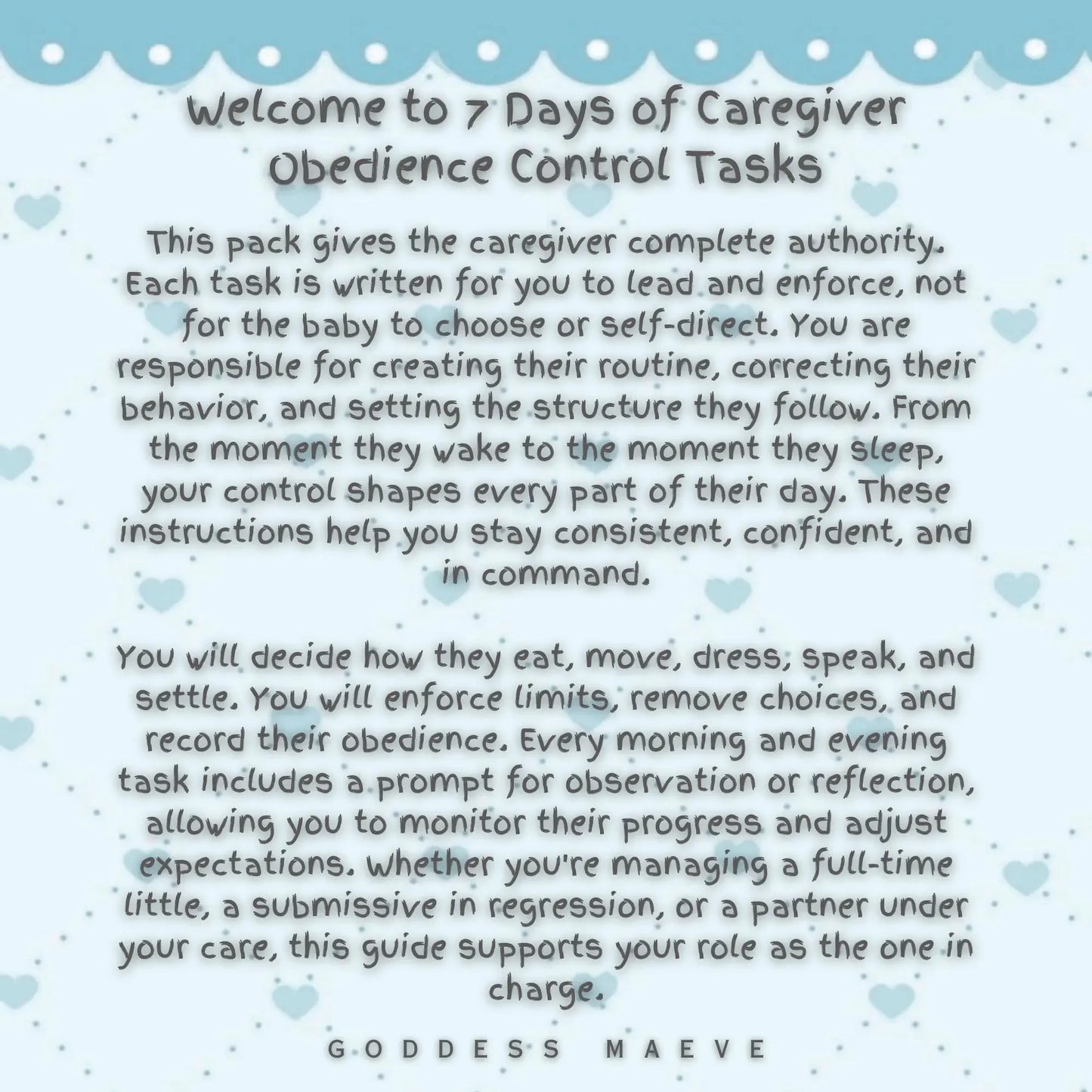 7 Days of Caregiver Obedience Control Tasks intro text on a blue heart border background, describing structured caregiver routines for Littles.