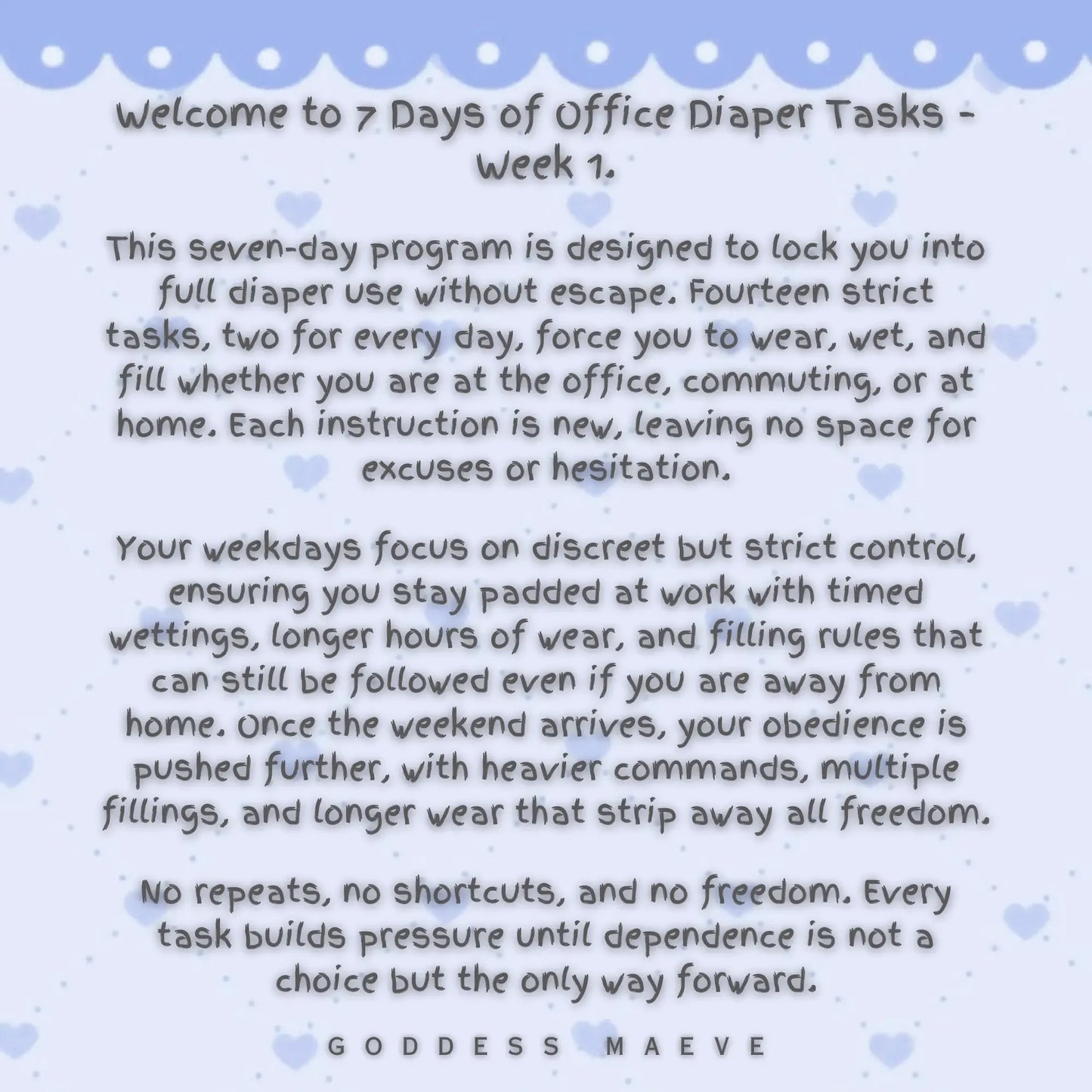 Office diaper task program intro, blue pastel background with heart pattern, text details seven-day ABDL challenge.