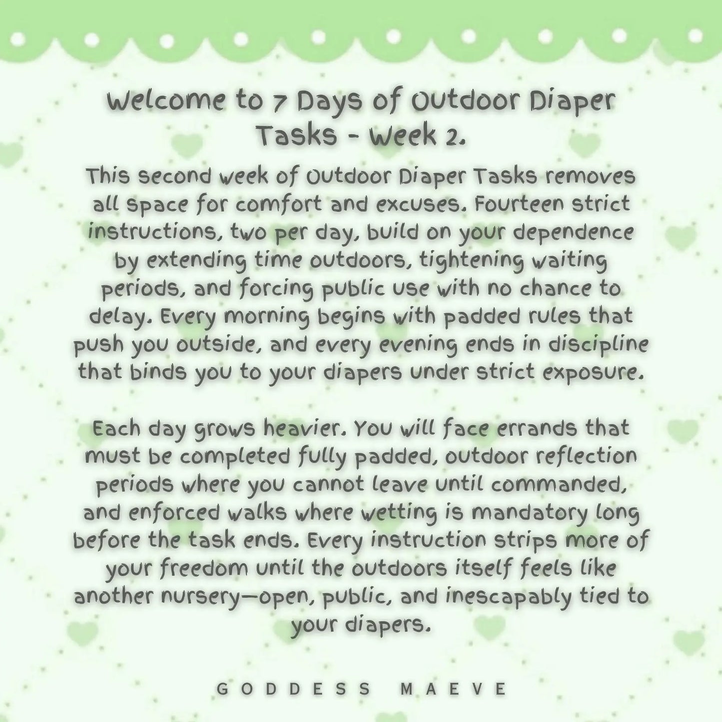 Text describing 7 days of outdoor diaper tasks for week 2, focused on ABDL routines and structured regression.