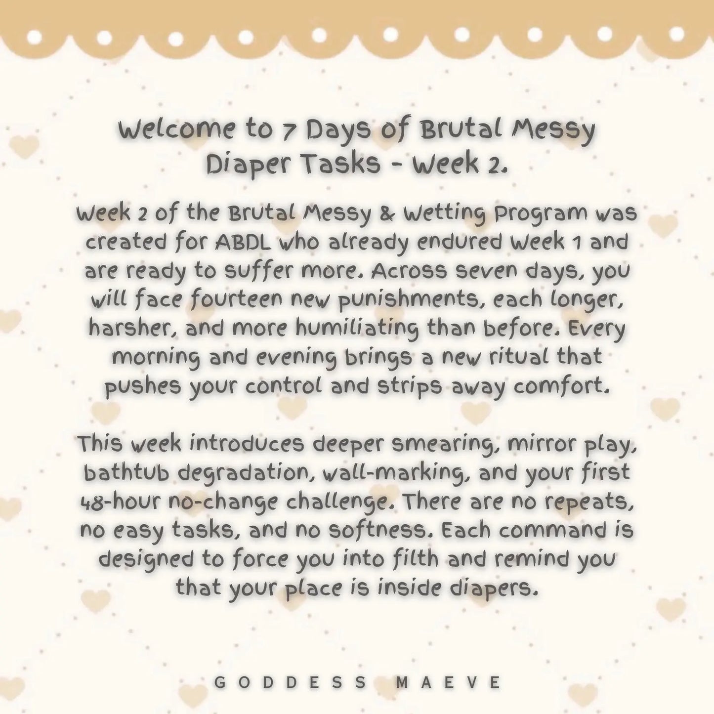Text graphic for 7 Days of ABDL diaper tasks, week 2, featuring daily routines and task descriptions on a soft patterned background.