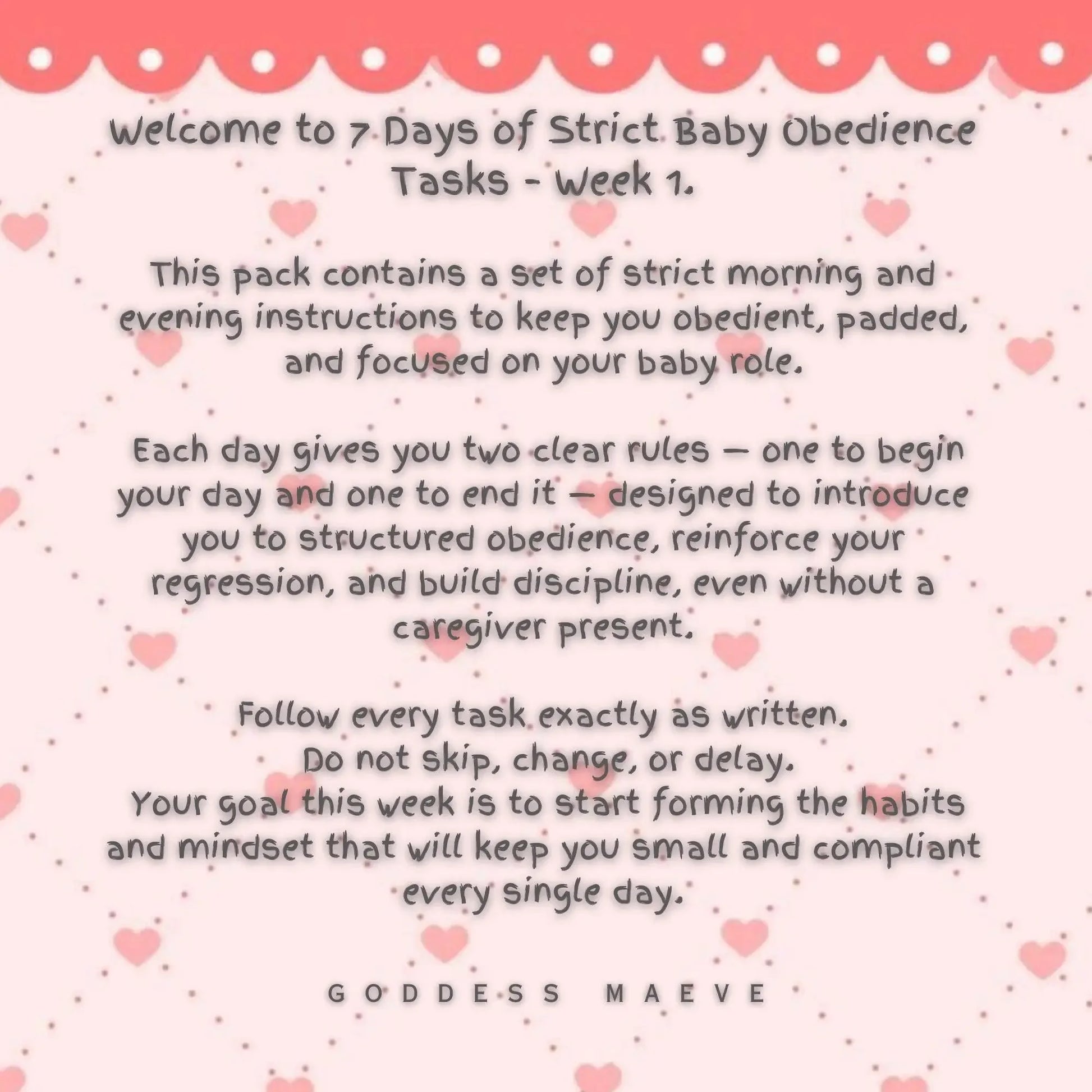 ABDL digital download titled '7 Days of Strict Baby Obedience Tasks - Week 1' with pink heart background
