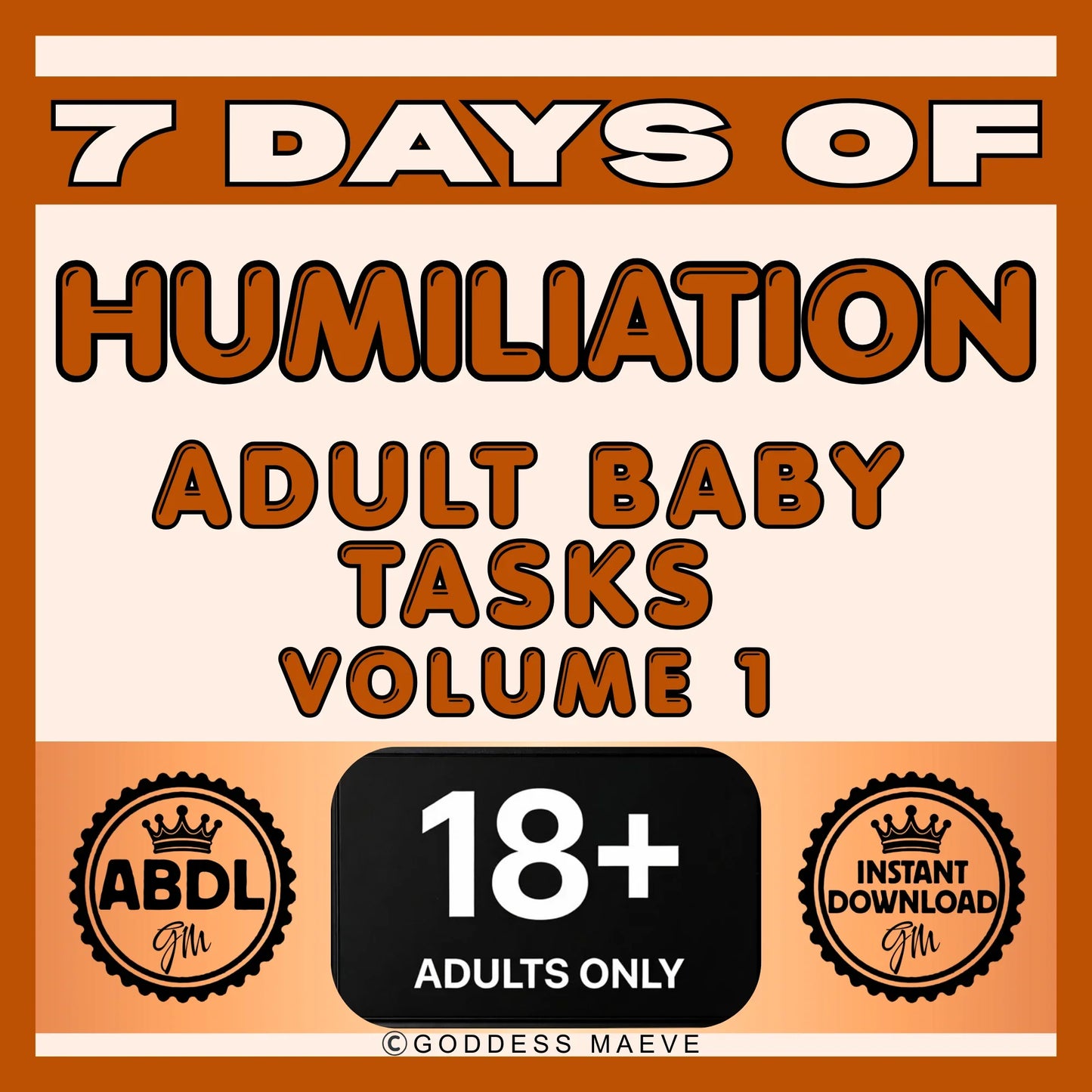 7 days ABDL routine digital task pack for adults, 18+ only, instant download, orange text graphic