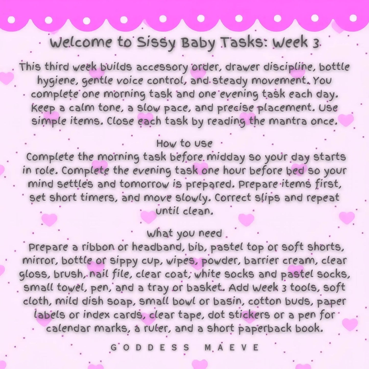 Sissy baby task routine instructions with pink heart border and supply checklist.