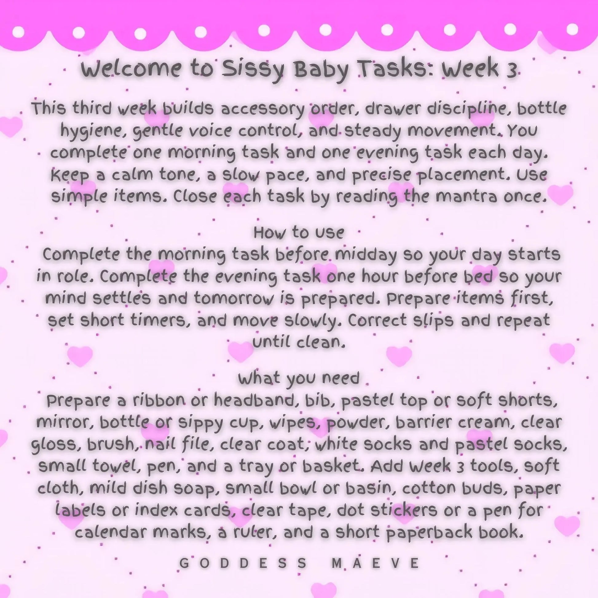Sissy baby task routine instructions with pink heart border and supply checklist.