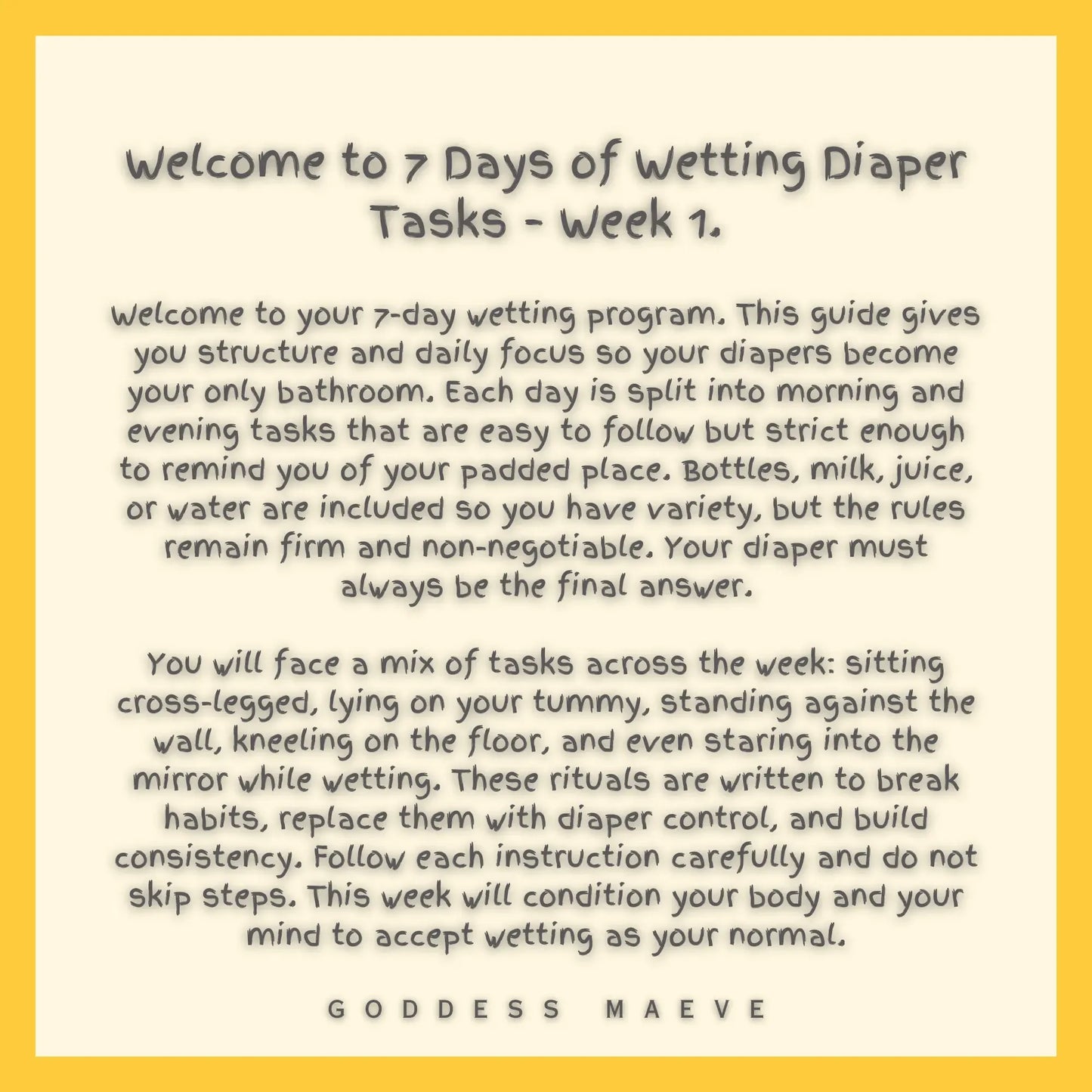 7 Days of Wetting Diaper Tasks Week 1 guide text with yellow border and structured ABDL task routine details.