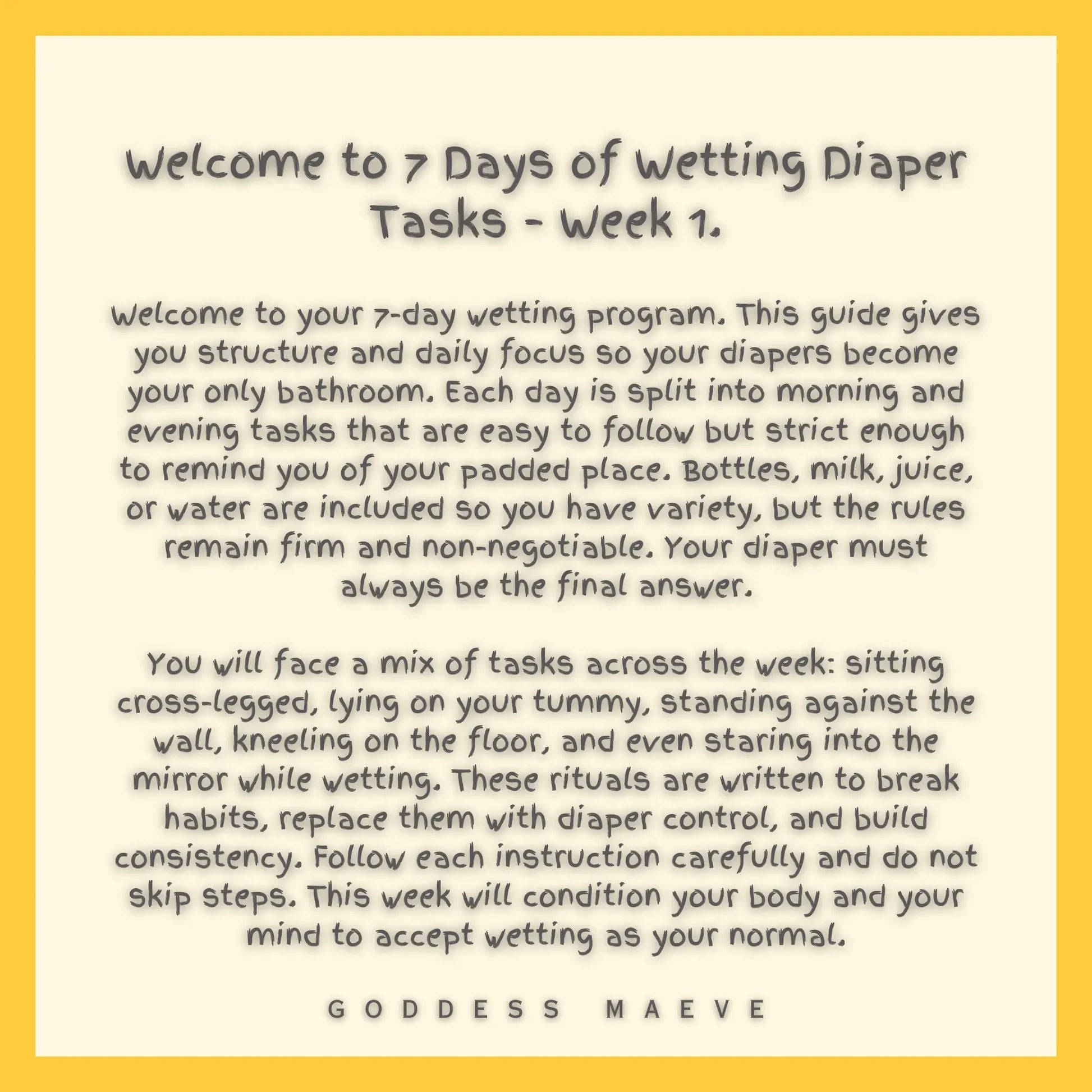 7 Days of Wetting Diaper Tasks Week 1 guide text with yellow border and structured ABDL task routine details.