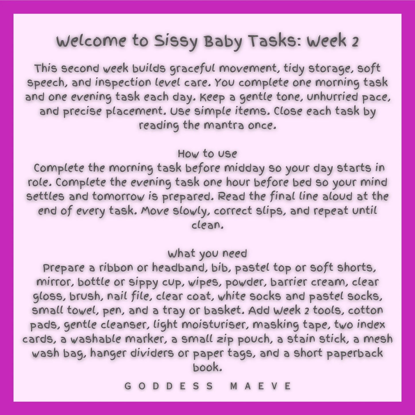 7 Days of Sissy Adult Tasks Week 2 ABDL Pack Digital Download PDF Goddess Maeve