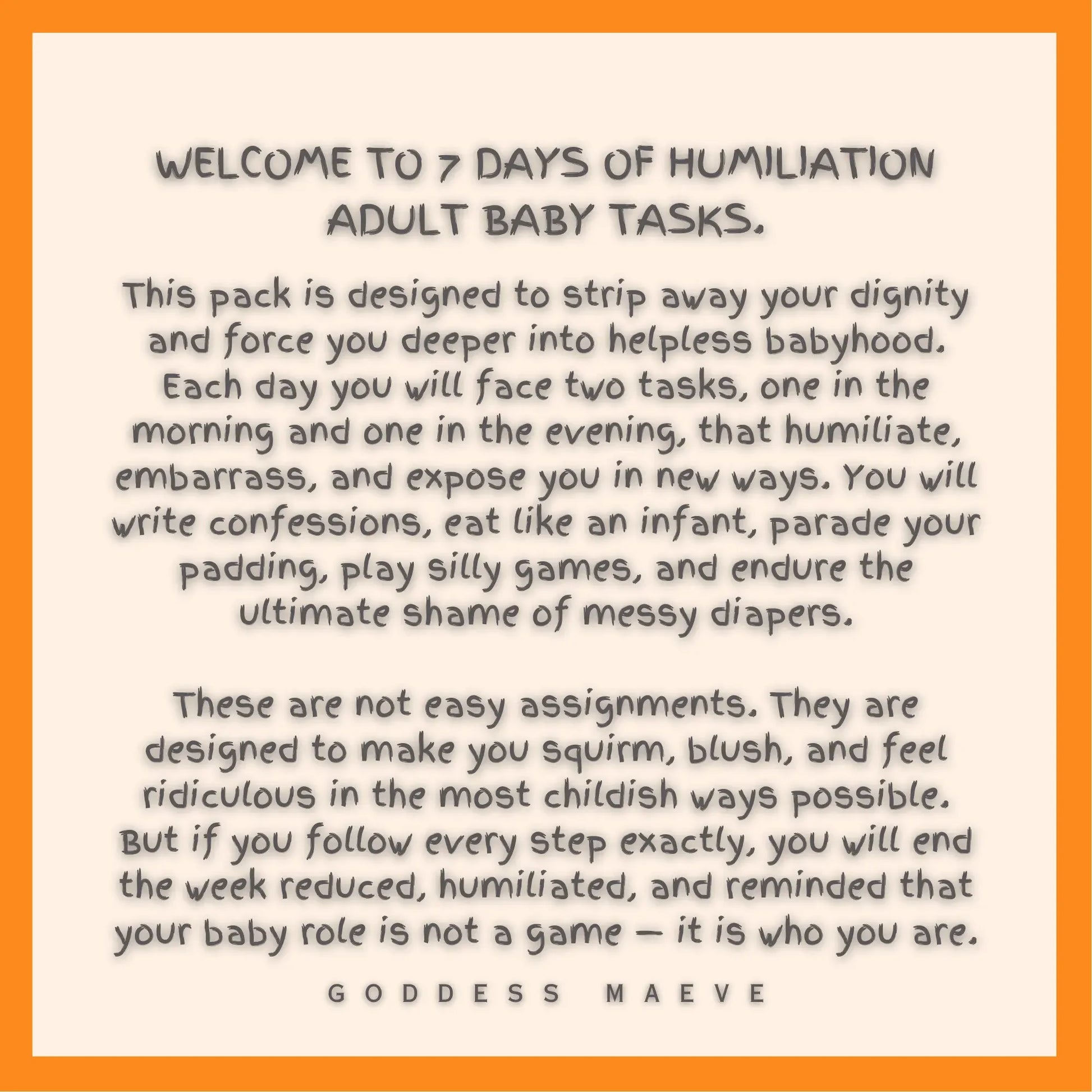 7 days of adult baby task pack description with orange border and text about regression routines.