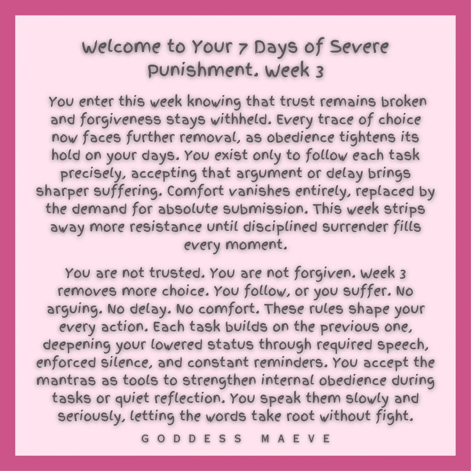 7 Days of Severe Punishment Week 3 written instructions for ABDL obedience and discipline tasks, pink border.