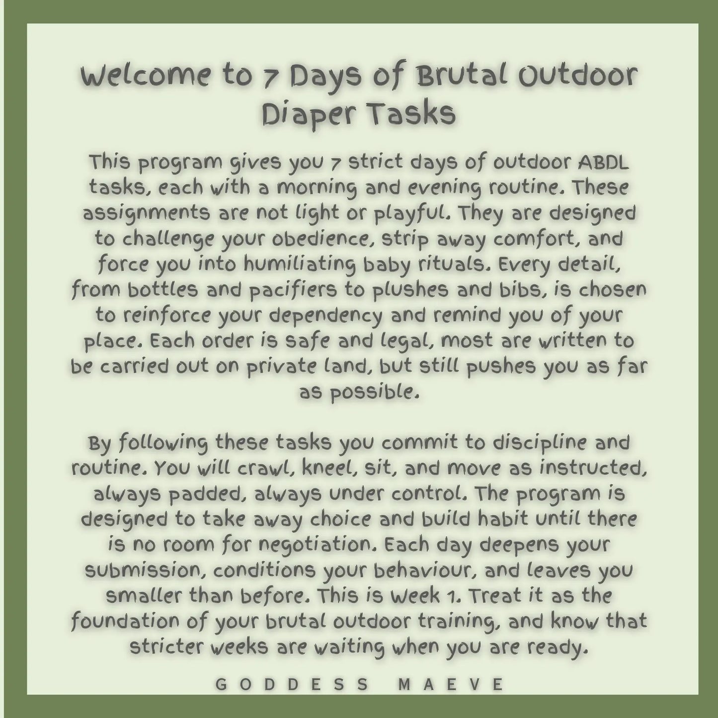 7 Days of ABDL outdoor diaper tasks program description with routines and discipline details