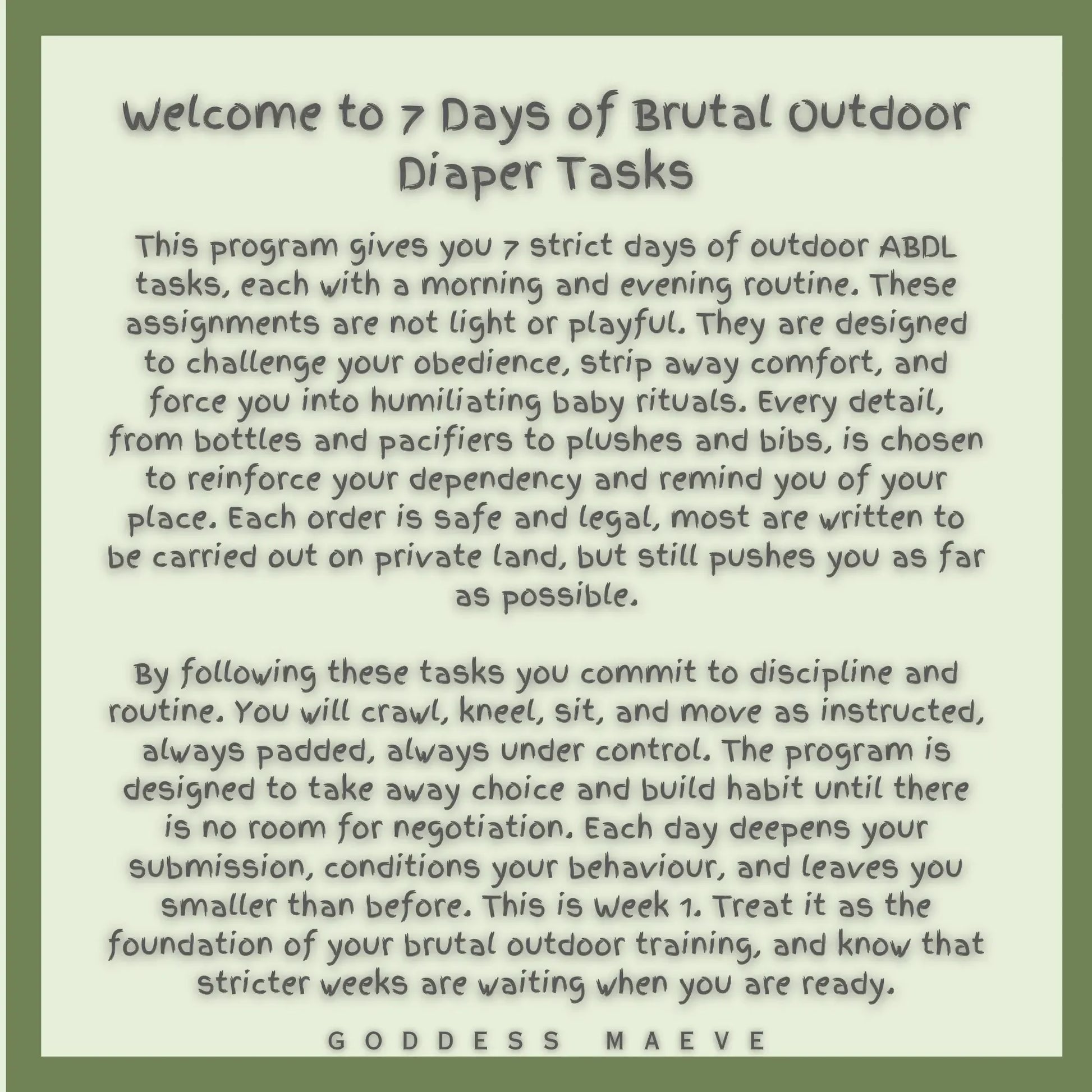 7 Days of ABDL outdoor diaper tasks program description with routines and discipline details
