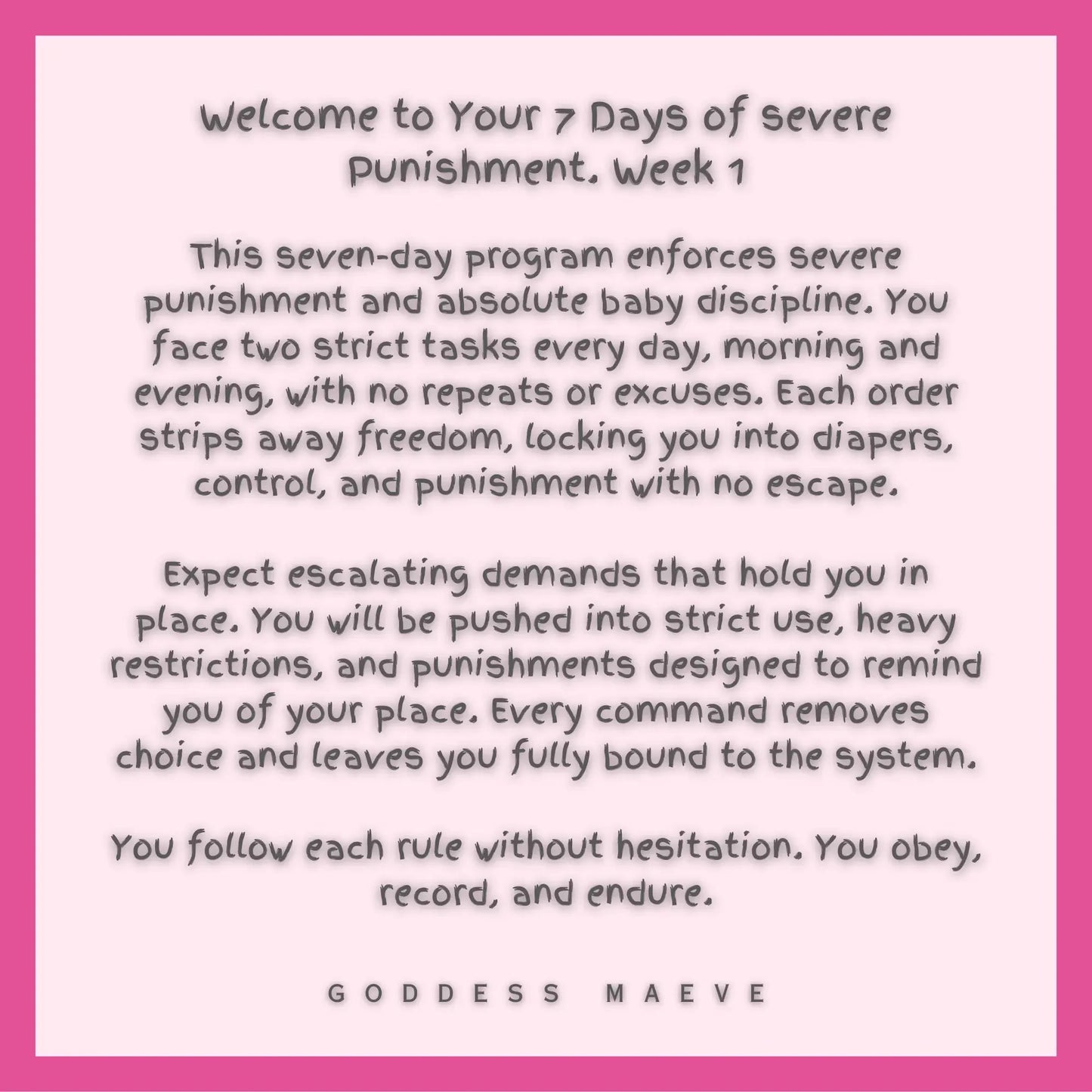 Text image describing a strict seven-day ABDL task program involving discipline, routines, and structure.