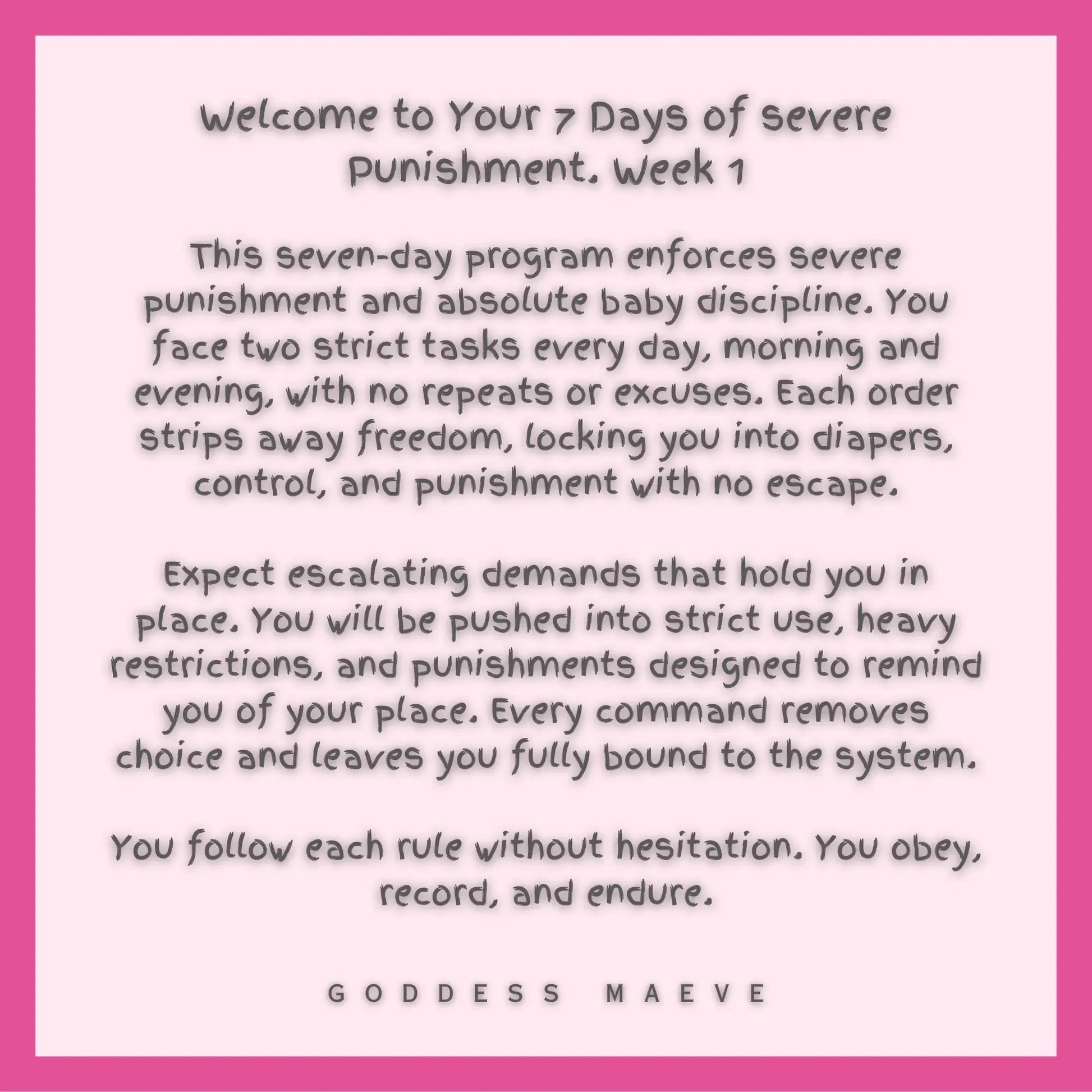 Text image describing a strict seven-day ABDL task program involving discipline, routines, and structure.