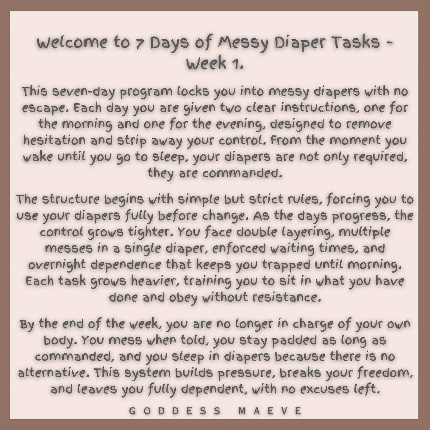 7 Days of Messy Adult Diaper Tasks Week 1 ABDL Pack PDF Digital Download Goddess Maeve - Goddess Maeve
