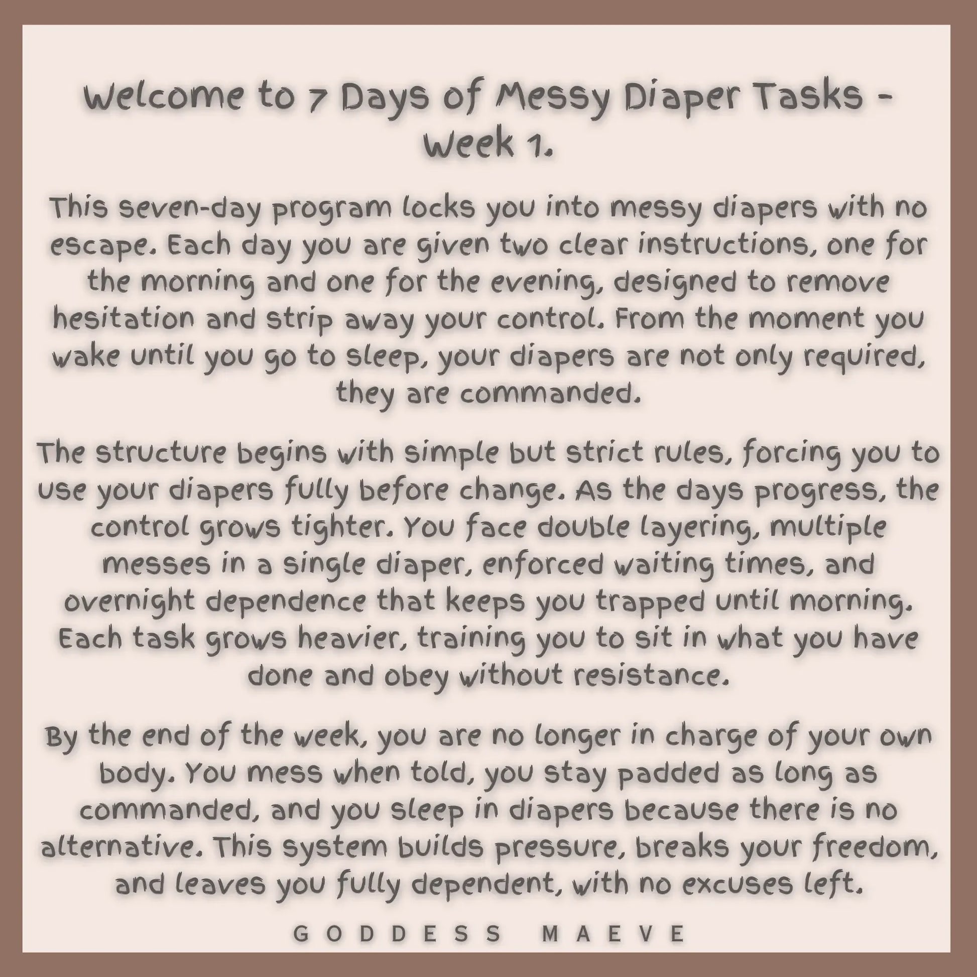 7 Days of Messy Adult Diaper Tasks Week 1 ABDL Pack PDF Digital Download Goddess Maeve - Goddess Maeve