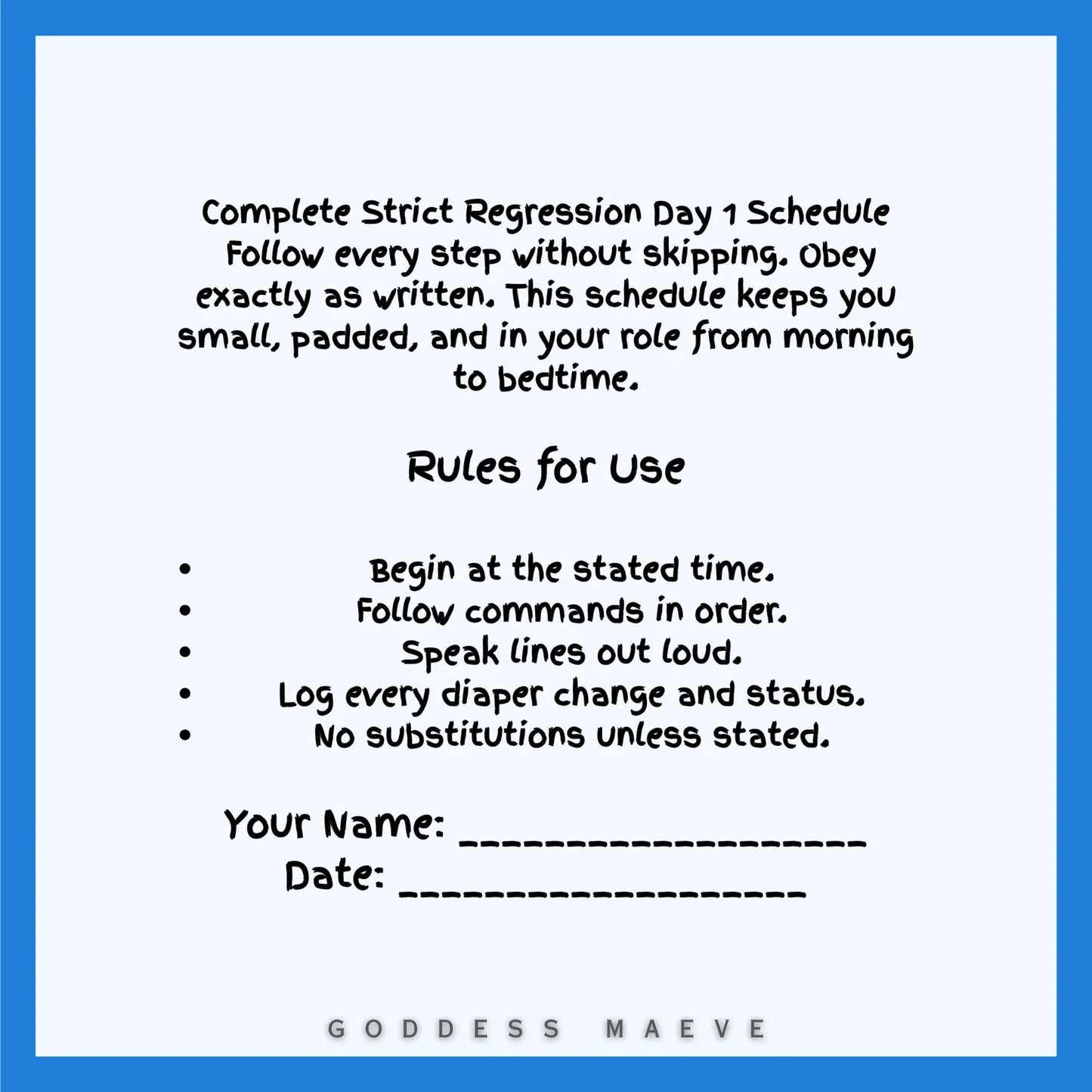 Strict Regression Day 1 schedule instructions for ABDL task pack, rules and log fields on white background.