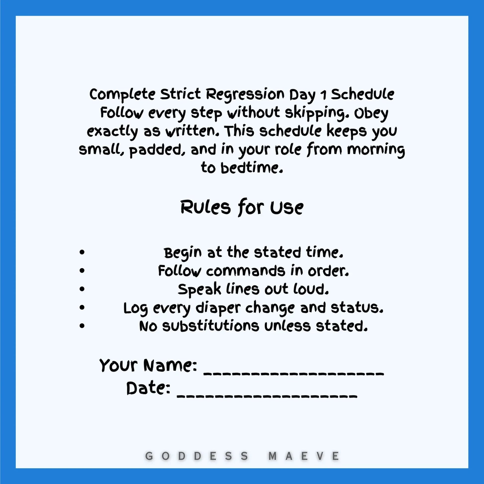 Strict Regression Day 1 schedule instructions for ABDL task pack, rules and log fields on white background.