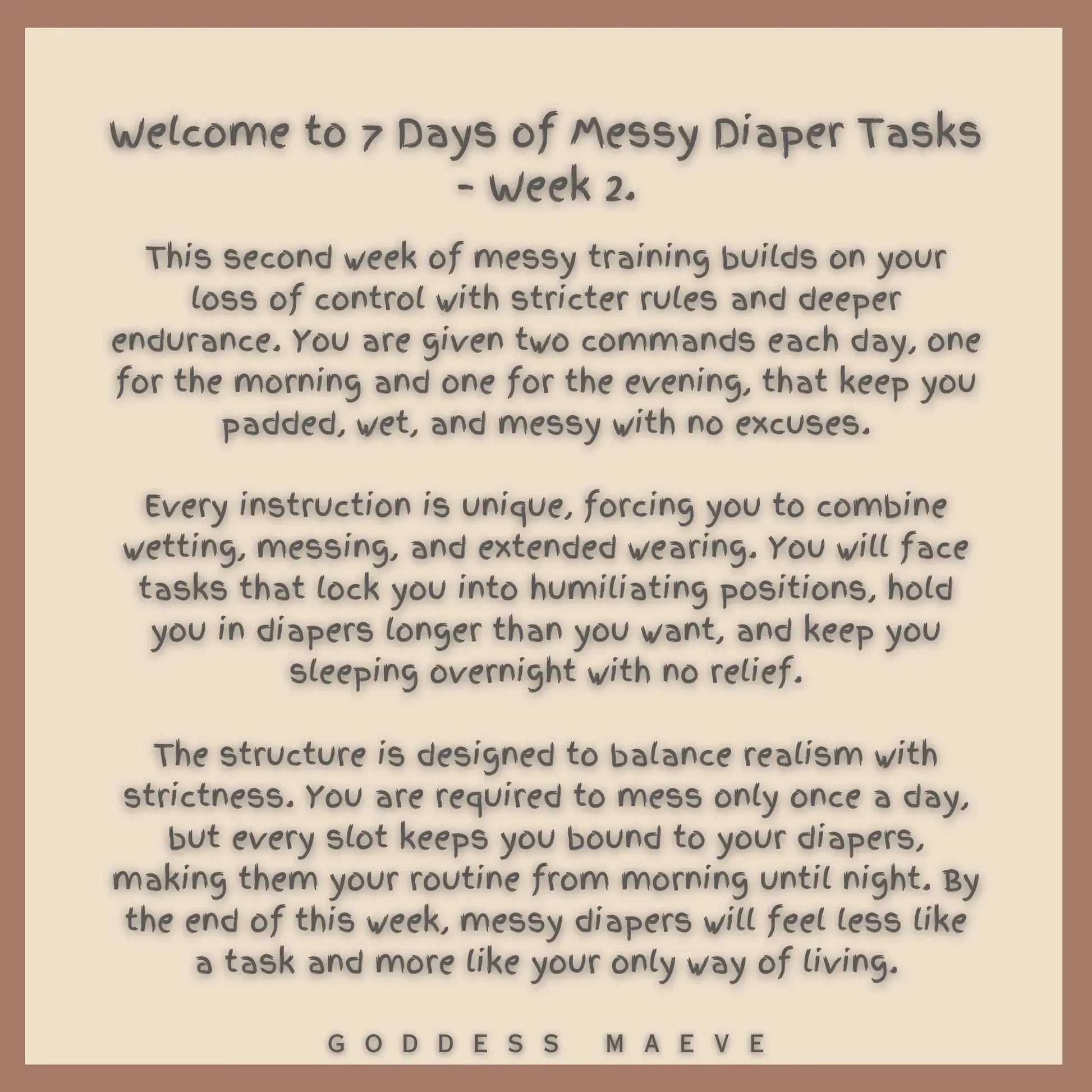 Text-based image detailing '7 Days of Messy Diaper Tasks Week 2' with instructions and rules for ABDL routines on a beige background.