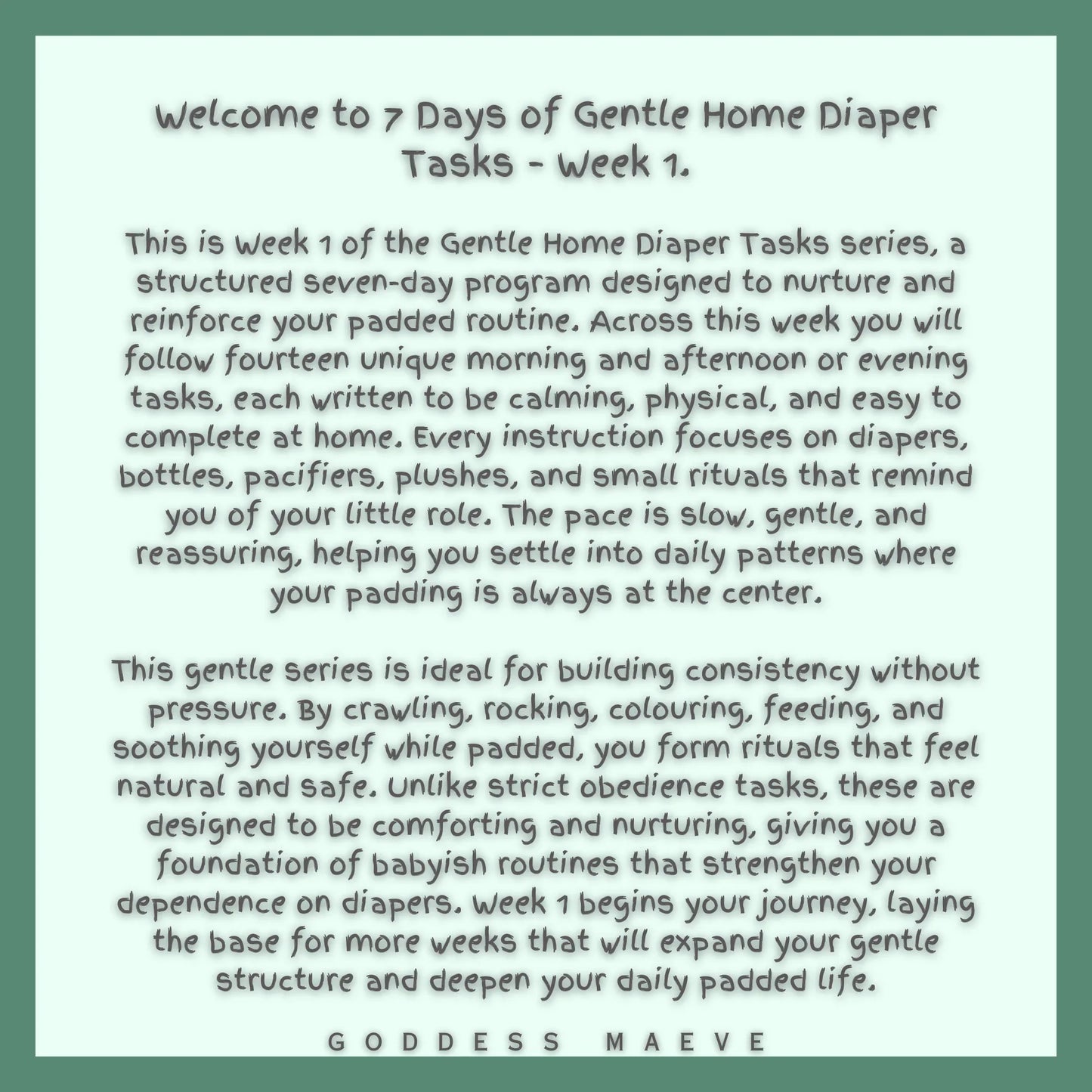 7 Days of Gentle Home Adult Diaper Tasks Week 1 ABDL Pack Digital Download PDF Goddess Maeve