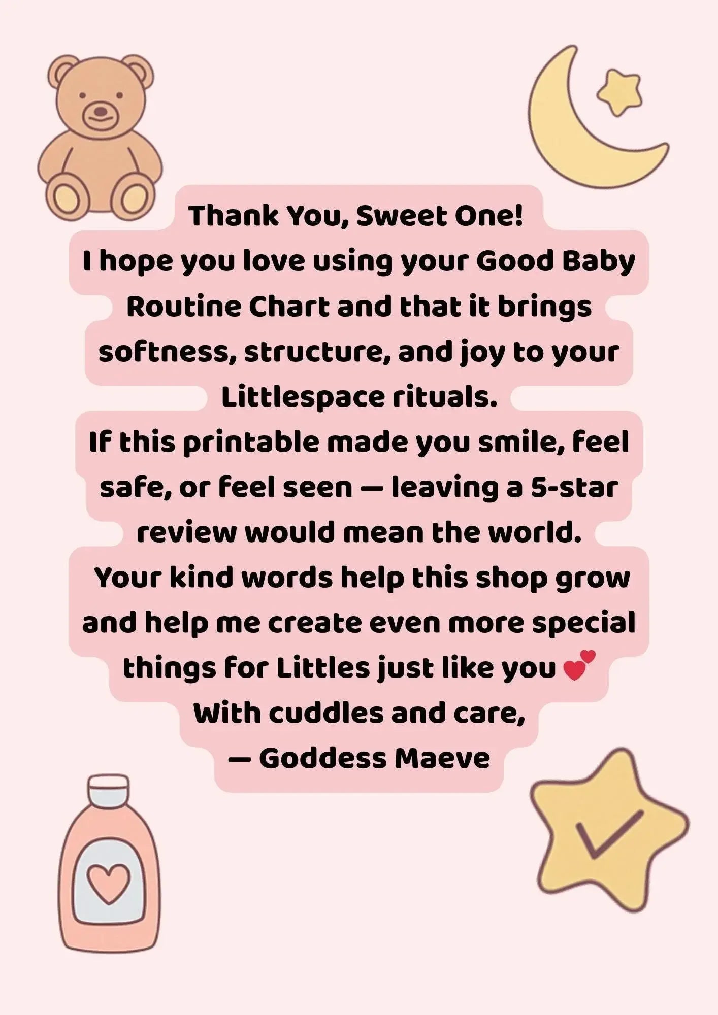 Cute thank you note with teddy bear, moon, star, and baby bottle illustrations on pastel background, promoting baby routine chart for Littles.