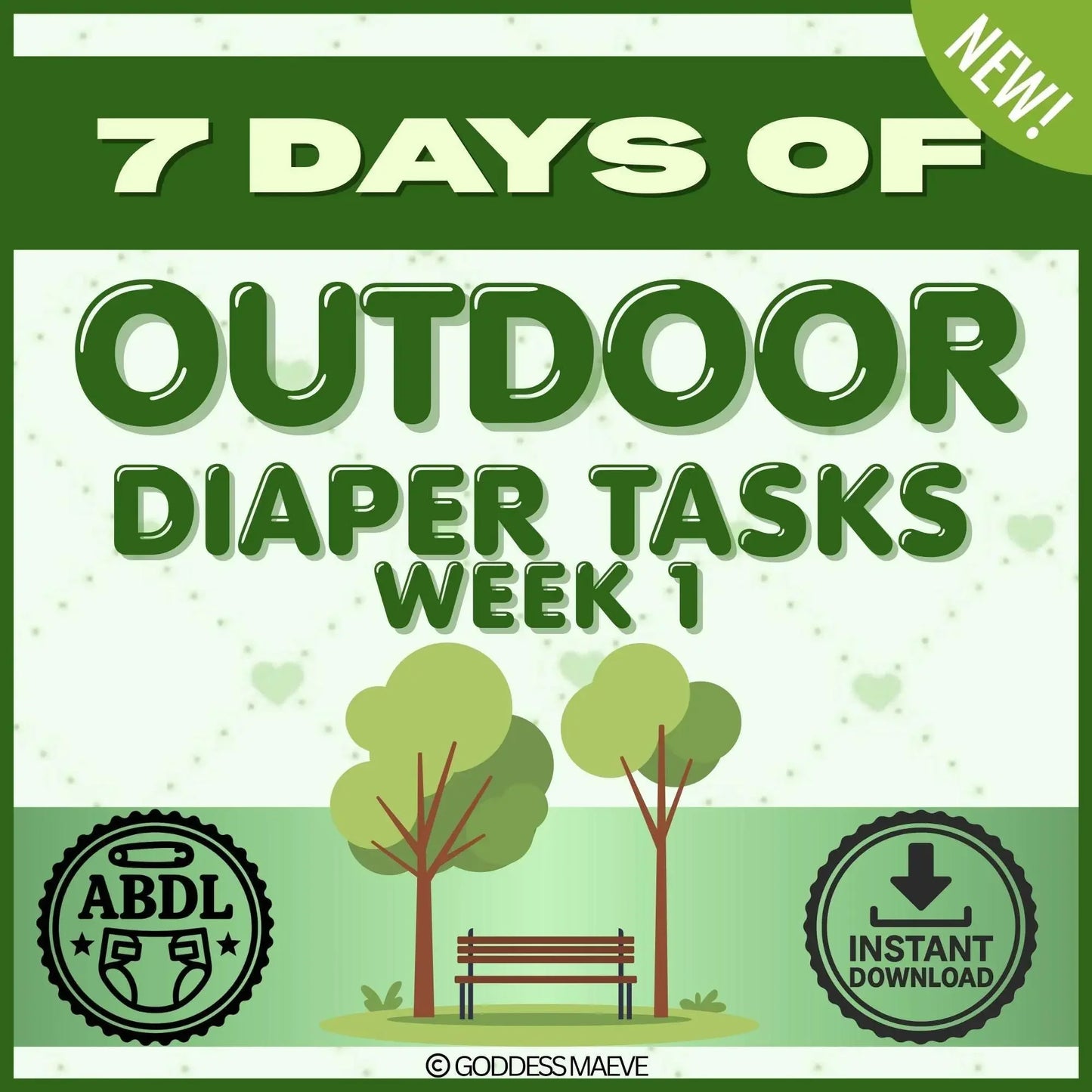 7 days of outdoor ABDL diaper tasks week 1 digital download with park bench and trees graphic