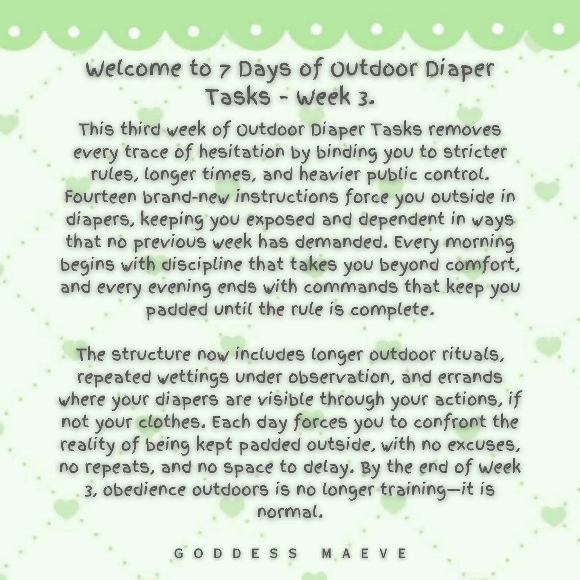 Text description for 7 Days of Outdoor Diaper Tasks Week 3 routine on green heart background.