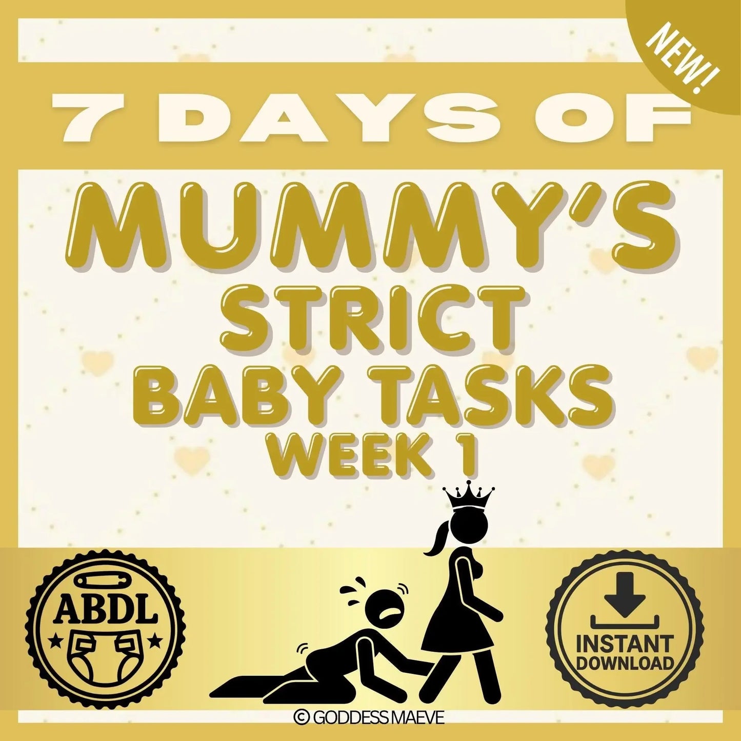 7 Days of Mummy's Strict Baby Tasks Week 1 digital ABDL task pack cover with icons and gold accents
