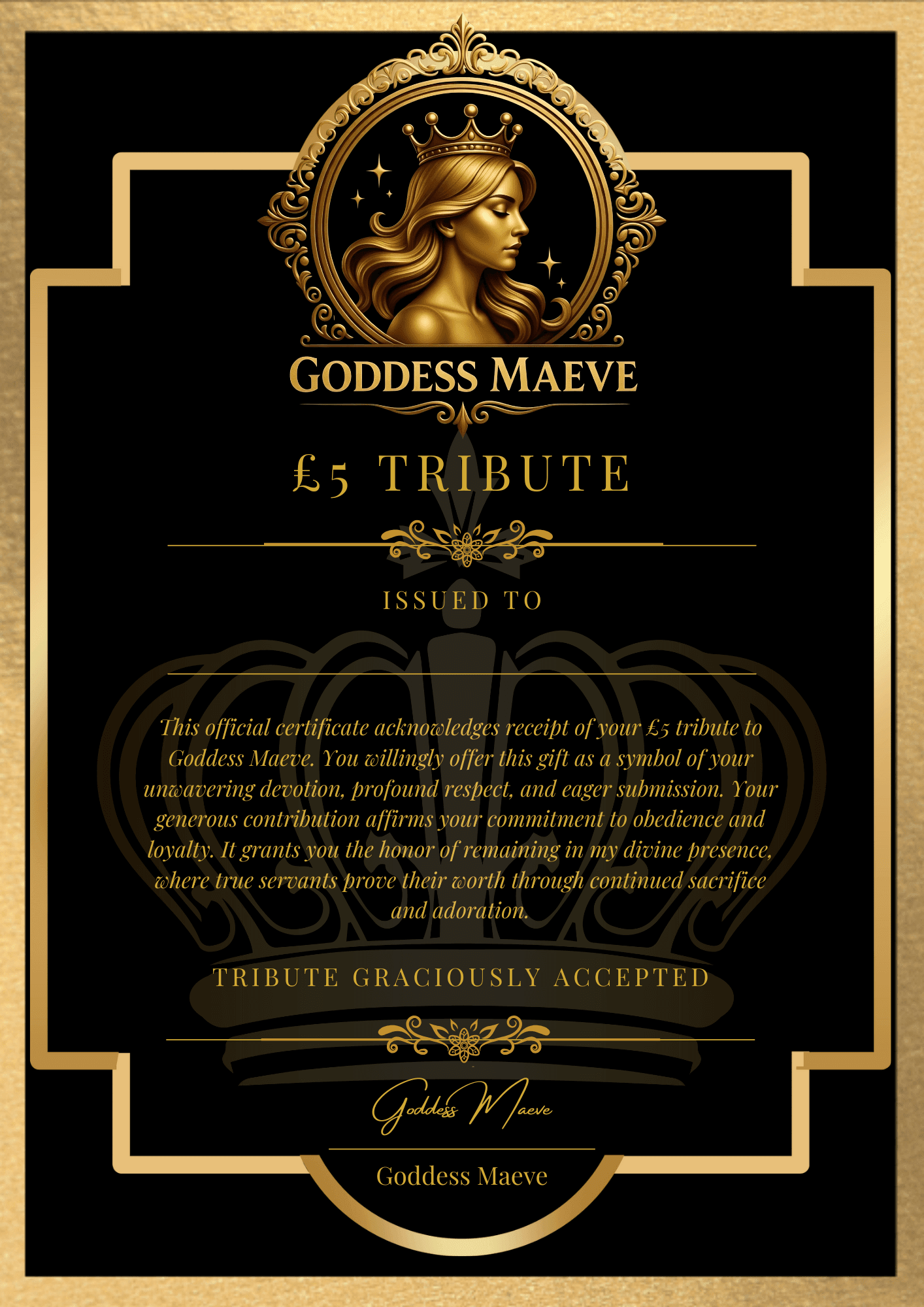 Digital £5 Tribute Certificate Printable Femdom Findom Appreciation PDF PNG Digital Download Goddess Maeve - Goddess Maeve