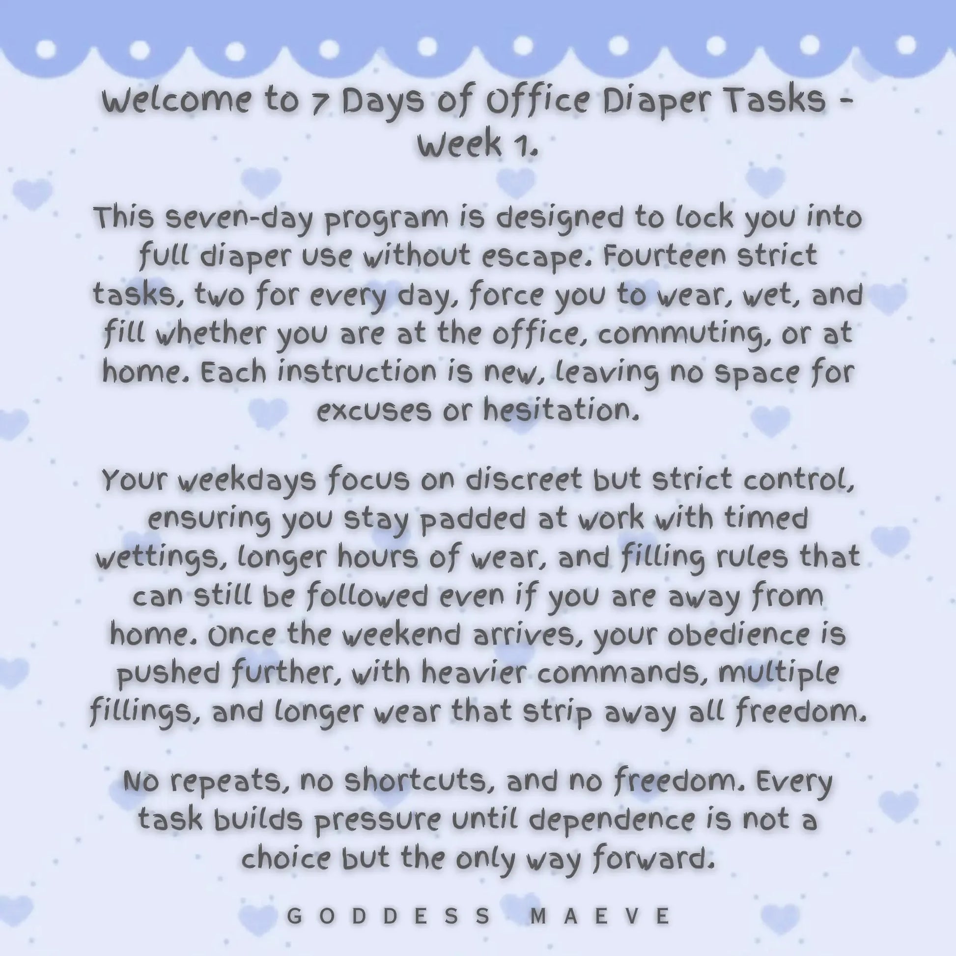 Office diaper task program intro, blue pastel background with heart pattern, text details seven-day ABDL challenge.