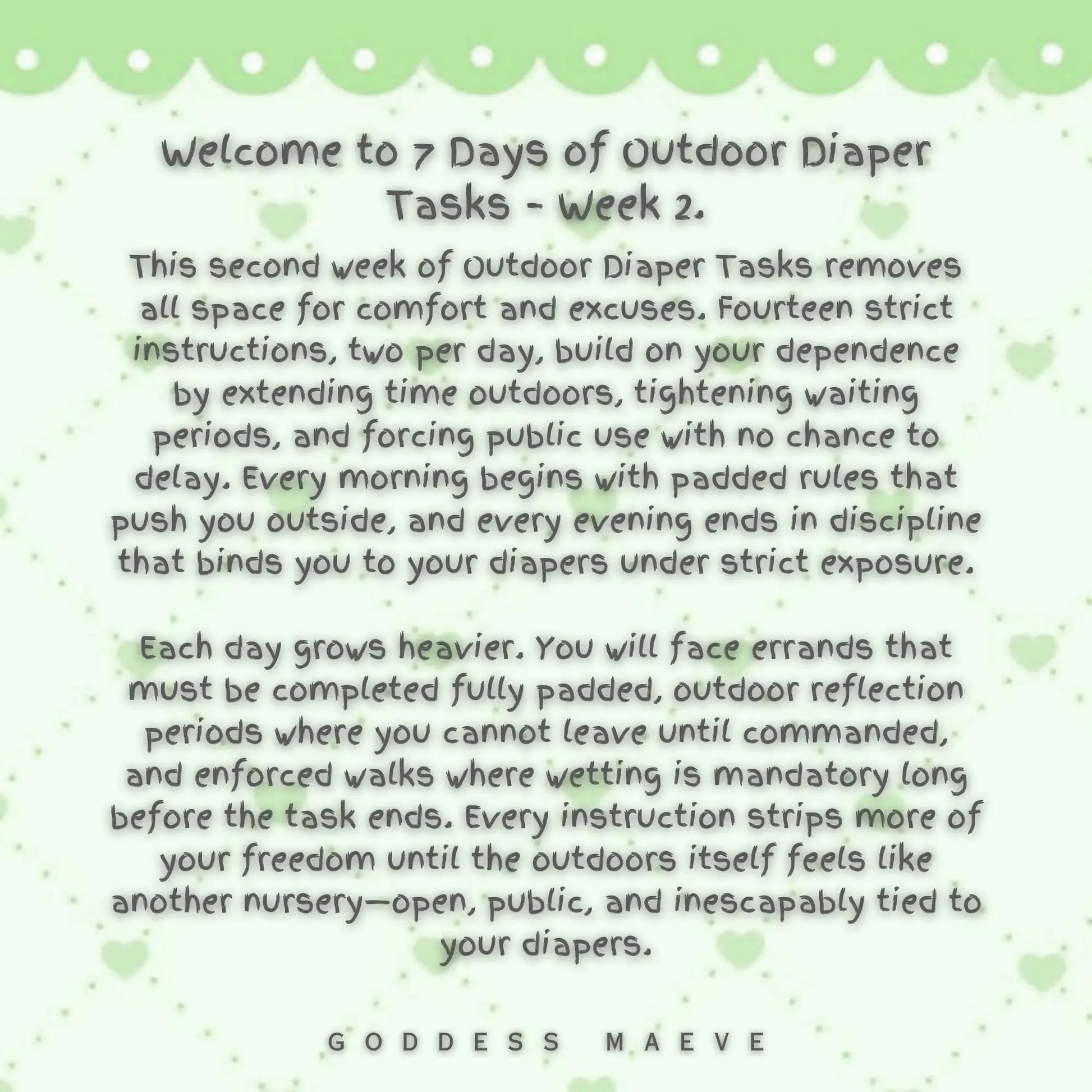Text describing 7 days of outdoor diaper tasks for week 2, focused on ABDL routines and structured regression.