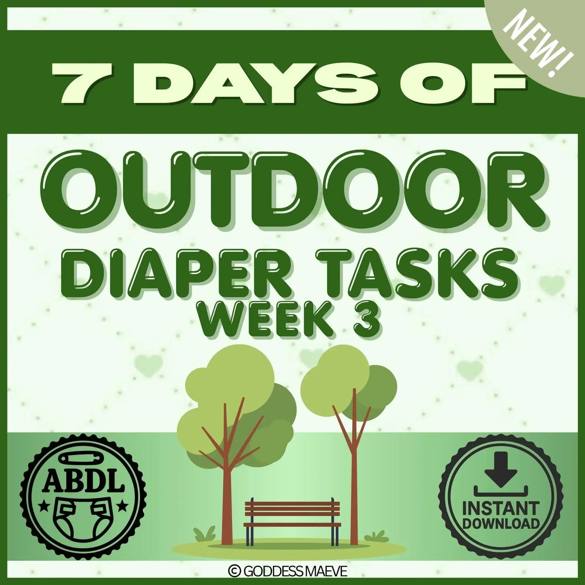 7 days of outdoor ABDL diaper tasks week 3 digital pack with park bench and trees illustration