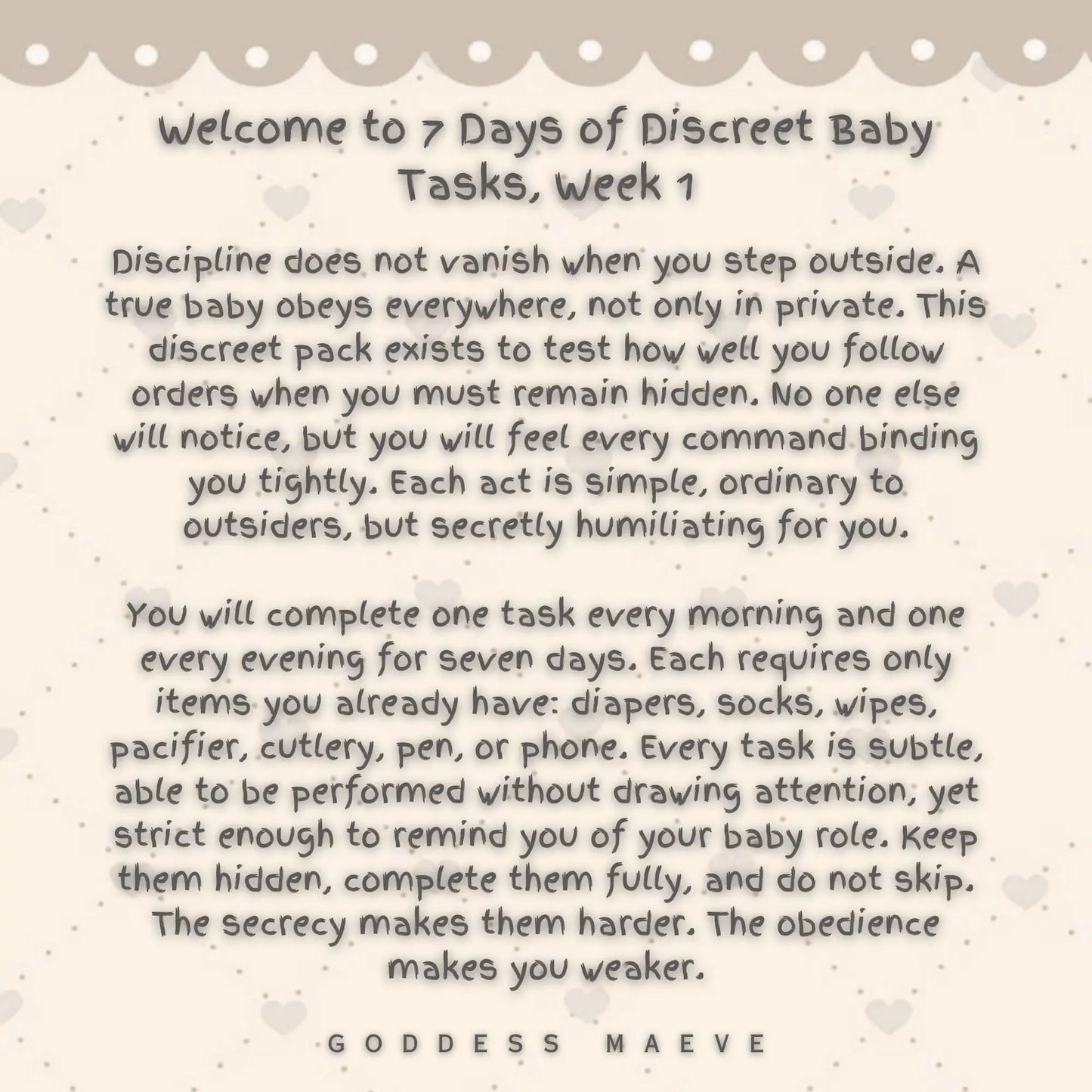 ABDL discreet baby tasks digital download instructions for week one on patterned background