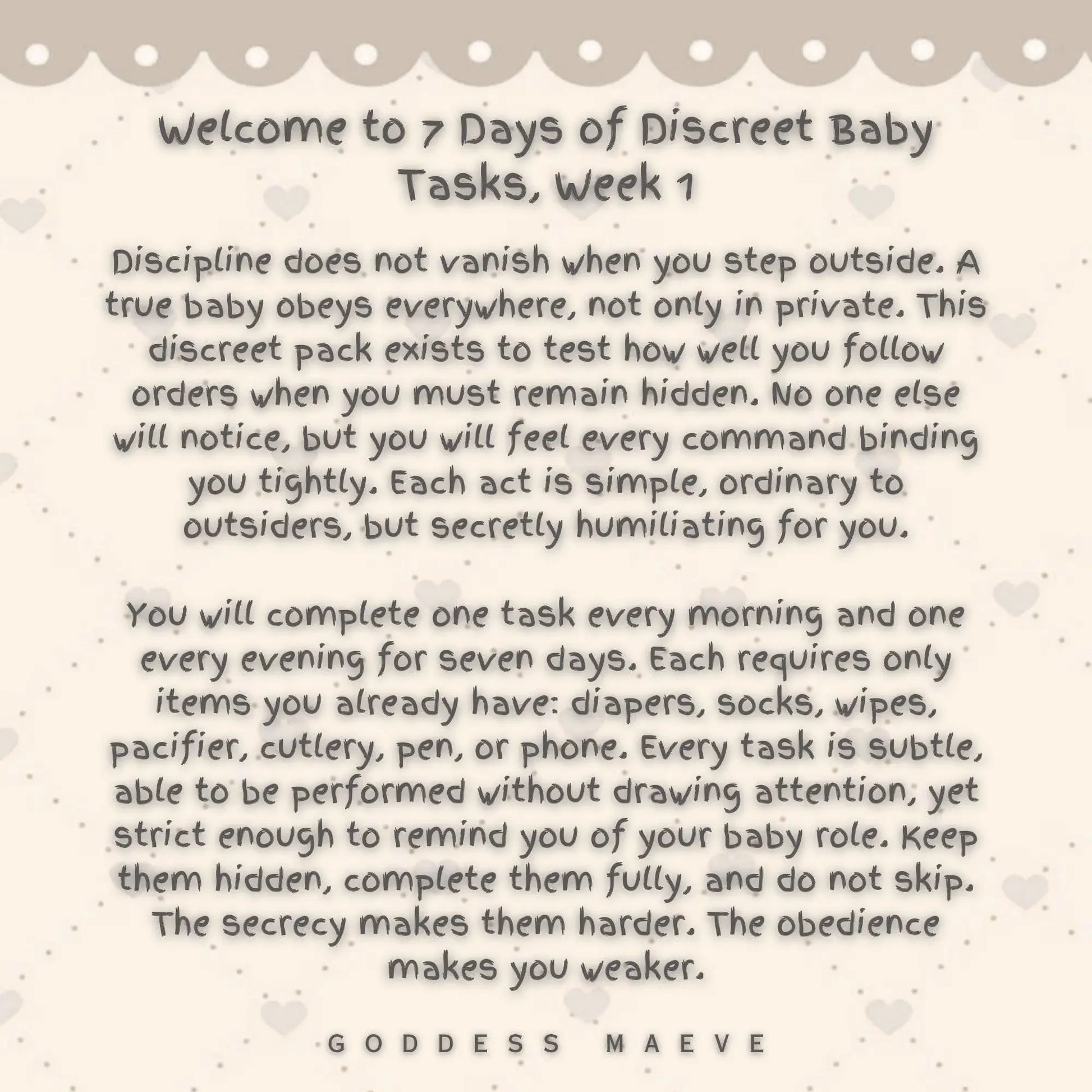 ABDL discreet baby tasks digital download instructions for week one on patterned background