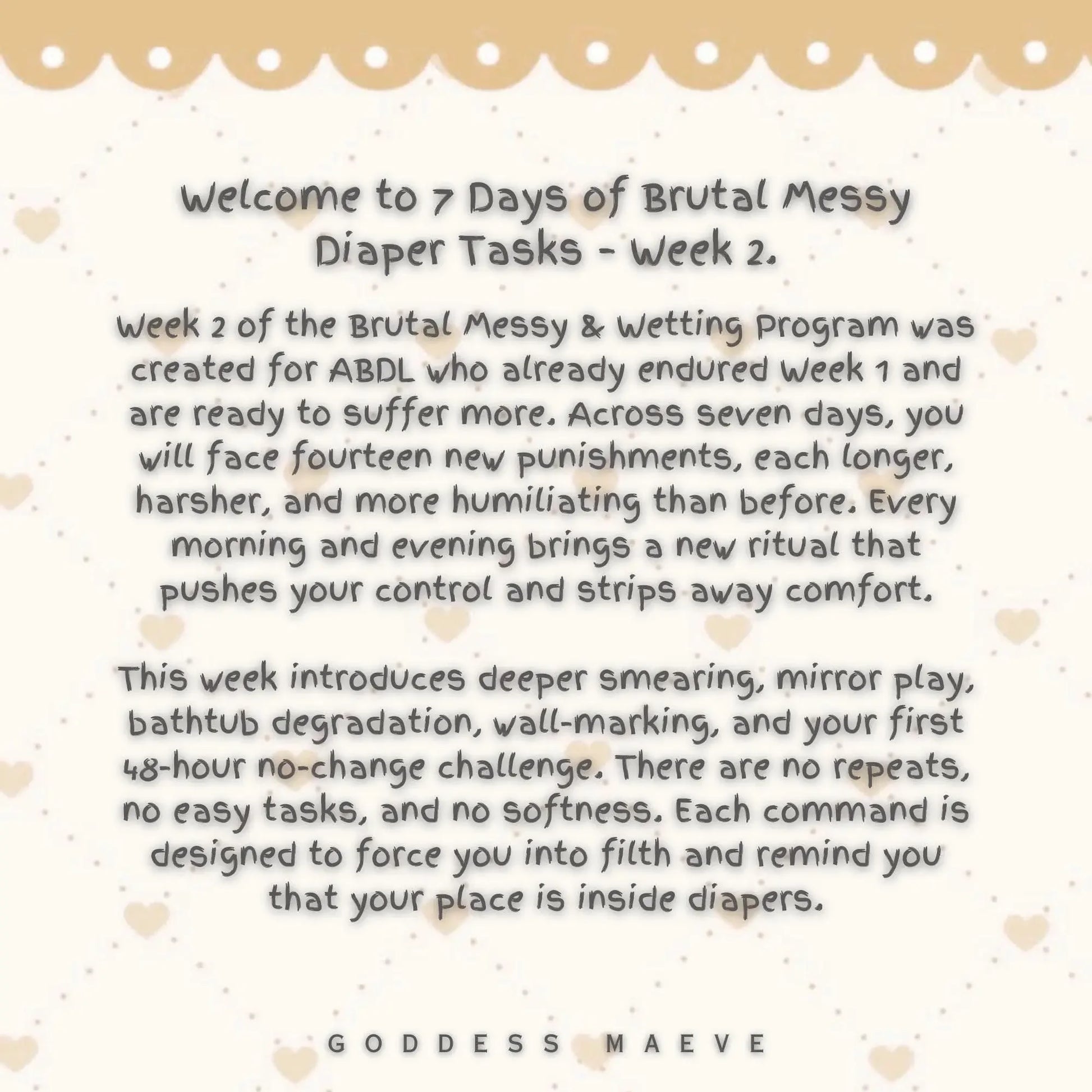 Text graphic for 7 Days of ABDL diaper tasks, week 2, featuring daily routines and task descriptions on a soft patterned background.
