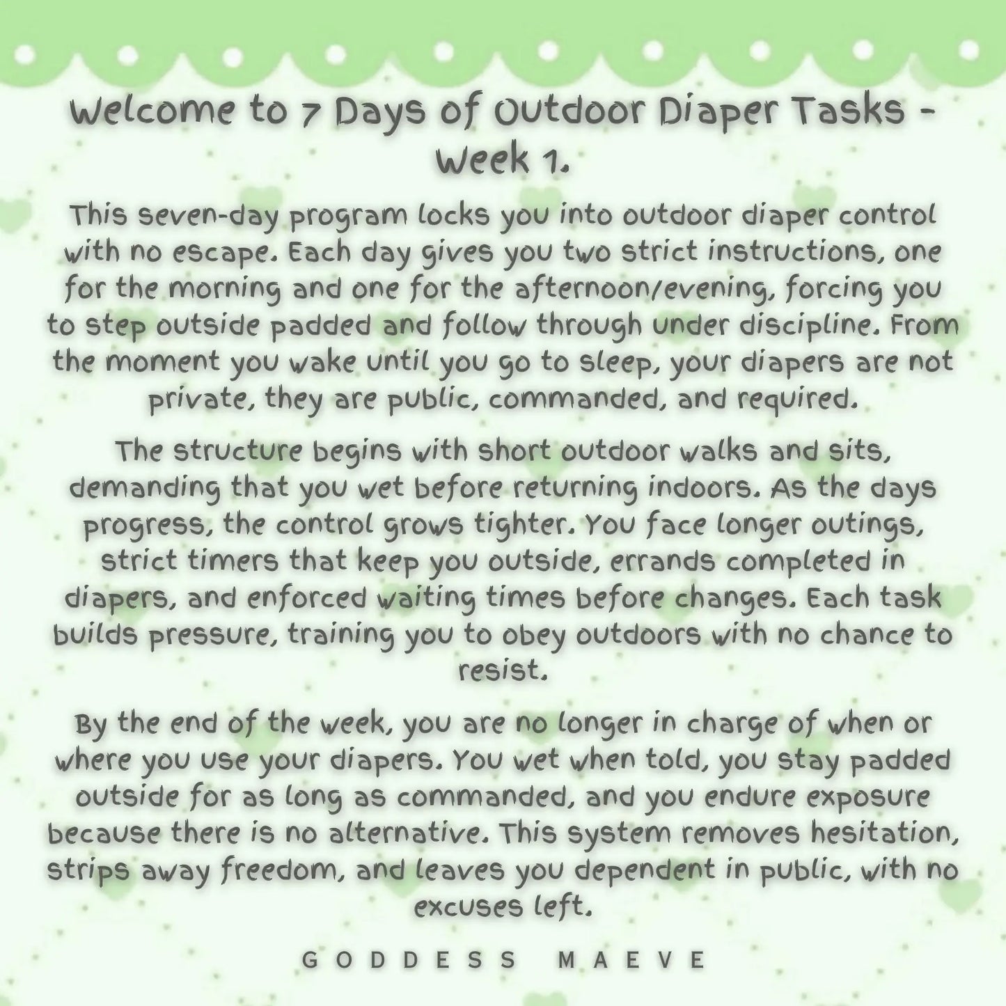 Green and white text image detailing a week-long outdoor diaper training program for adults.