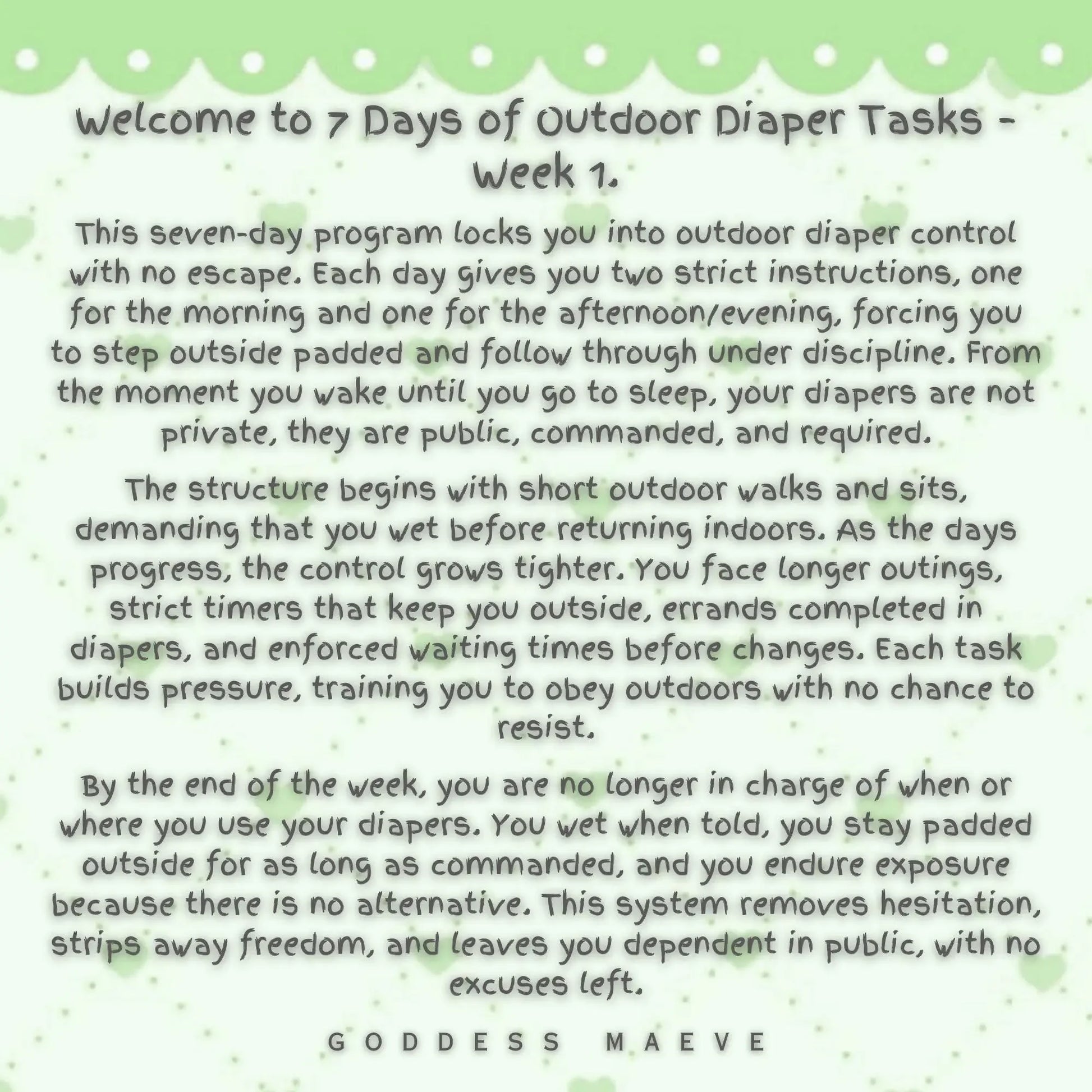 Green and white text image detailing a week-long outdoor diaper training program for adults.