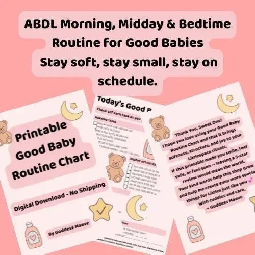 Printable ABDL routine chart digital download with teddy bear and moon graphics on pink background